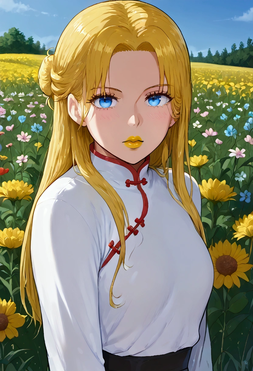 woman, yellow hair, flower field, yellow lipstick, heron, blue eyes, chinese