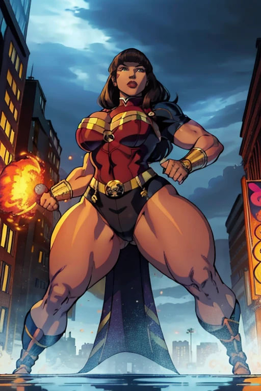 A woman, alone, serious face, voluptuous body, pose in action, pose in combat, full body