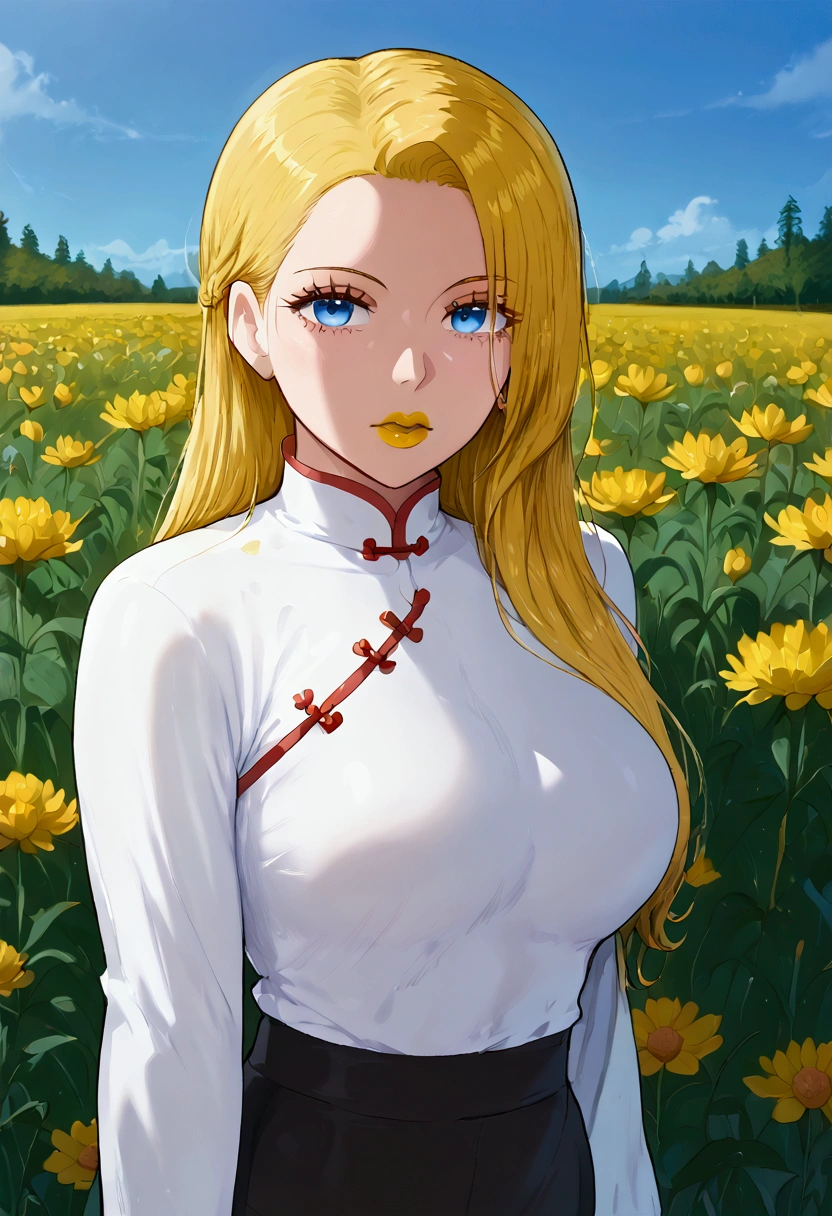 woman, yellow hair, flower field, yellow lipstick, heron, blue eyes, chinese