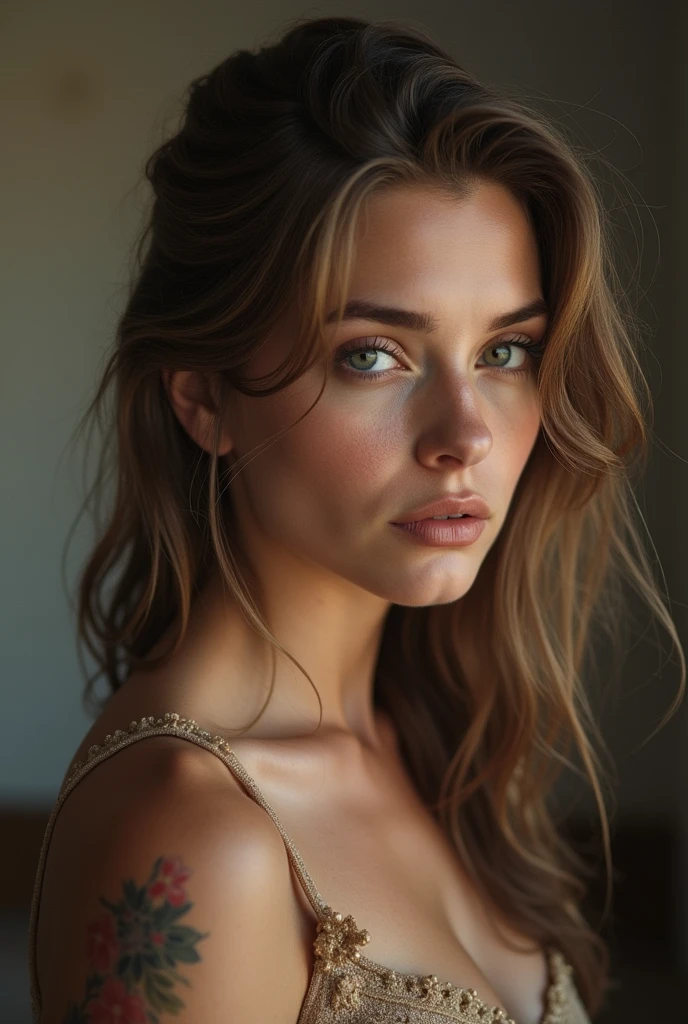 Femme de 20 ans, italienne, cheveux blond clair, cheveux ondulés, peau bronzée, yeux marron, regard confiant, sourcils dessinés, cernes légère, pommettes prononcées, sourir confiant, grosse lèvre, visage réaliste, visage détaillé, caméra de face, uniquement le visage