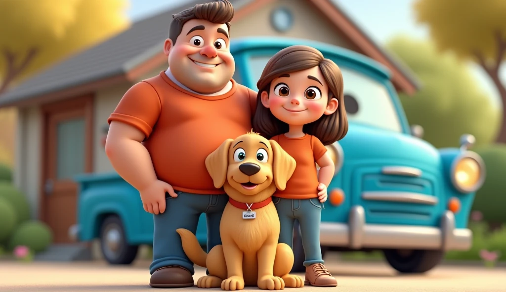 Father&#39;s day image, big pot-bellied man with mustache, two white teenage girls with brown hair, a beige-haired French bulldog, a brown furred chihuahua 
