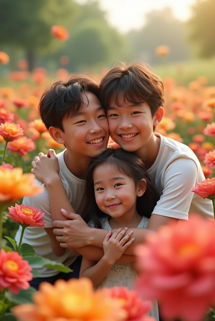 Couple Photo, The photo was taken with a Nikon Z 6II camera with a Nikon NIKKOR Z 24-120 mm lens. a **-****-*** boy gives a bouquet of beautiful flowers to a **-****-*** girl, a **-****-*** girl with blush on her cheeks and emotions of embarrassment, cute photo, film grain, realistic, high resolution, high definition