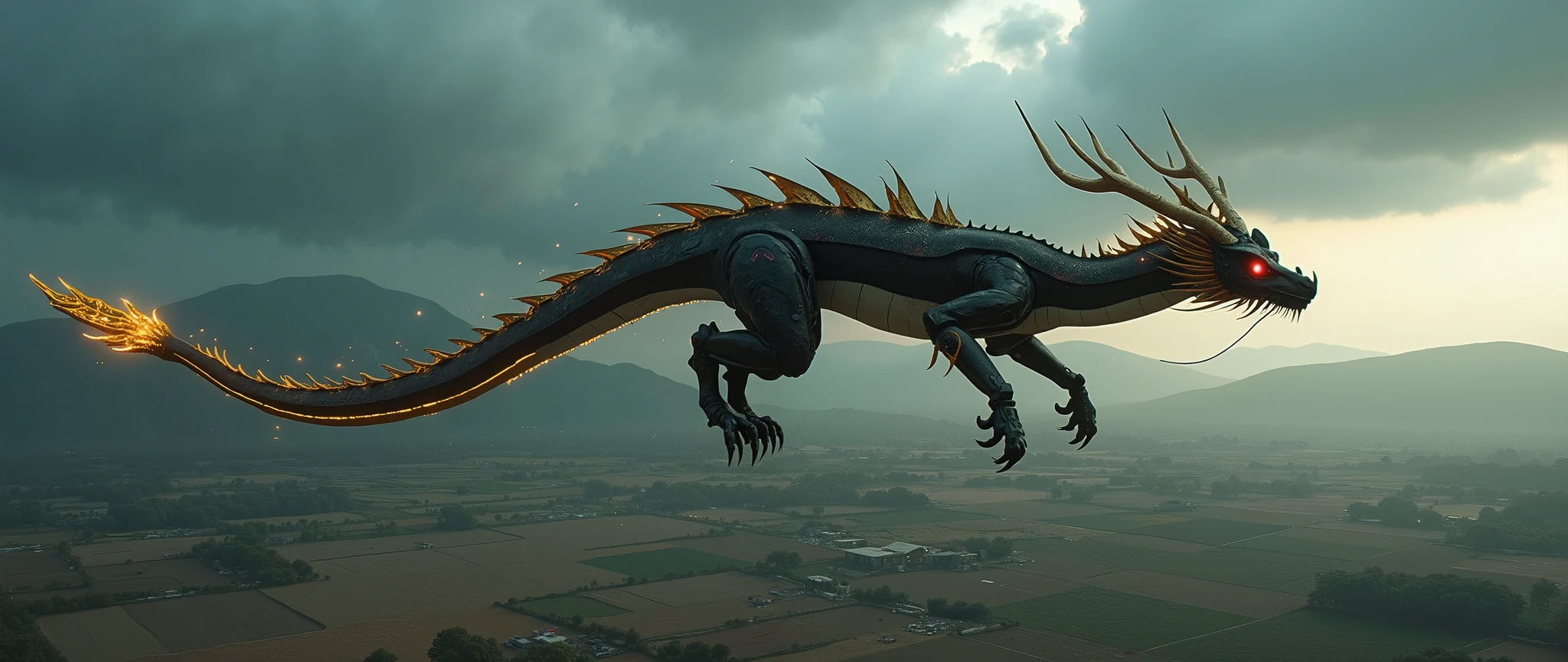 Wide view, high angle looking down the farmland shot, futuristic, Fantasy, cinematic scene. Dramatic storming sky background. The Chinese Dragon, The Asian black Dragon without wings. the body is long, austere dark and metallic, the antler is metal, the eyes is Ruby and shining, four lég woth sharpen claws, golden beautiful fin and tail. wandering through sky, Golden runes and cybernectic line decorate, Grimmdark, mechanical. (Ultra-realistic, 32k, Masterpiece, High Quality, Detailed Realistic Background, Official Art, Realistic Lighting, filmfotos, film grain, reversal film photography).