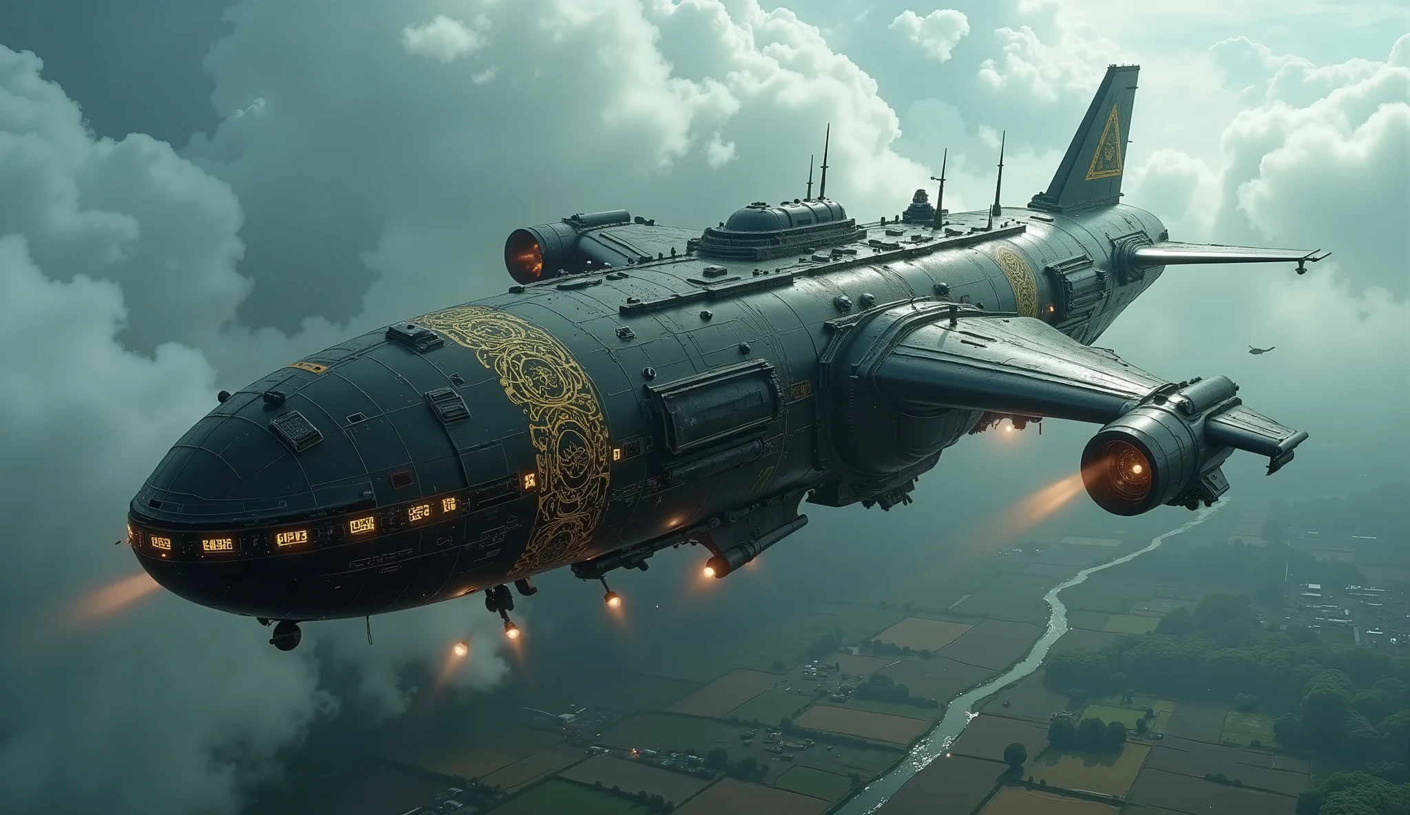 Wide view, high-angle shot, futuristic countryside. Dramatic storm-filled sky, swirling clouds. Twin-body armored airship connected by a central reinforced carriage, dark gunmetal alloy. Golden runes, glowing cybernetic lines. Massive wingspan propellers, rotating blades, mounted guns. Grimdark, mechanical aesthetic. Stormy glow highlights metallic surfaces, textured clouds. Detailed countryside below: fields, rivers, settlements. Cinematic lighting, ultra-realistic, 32k resolution, film grain, reversal film effects.