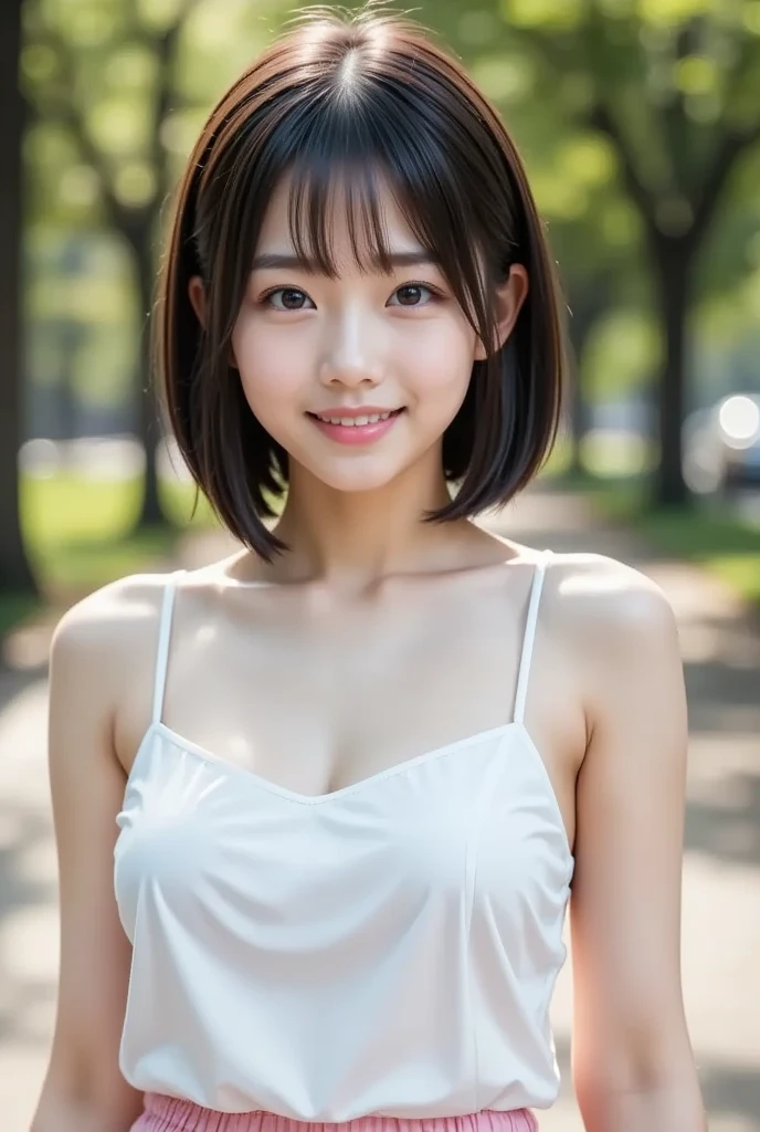 (8k,  photorealistic,  RAW photo,  Max Image: 1.4),  Japanese girls、18 years old, (Slightly longer bob hair)、 sexy,  smile, Super detailed face 、Attention to detail、 double eyelids 、 sharp concentration:1.2、( super cute idol-like face :1.2),  beautiful woman:1.4、( black hair)、 top quality、  masterpiece on penis 、 super high resolution、( photorealistic:1.4)、 is exquisitely crafted in every detail 、プロの照明で照らされたsmile、( White Sleeveless Blouse 、 pink pleated skirt )、 open your mouth slightly、,((( The background is a park )))