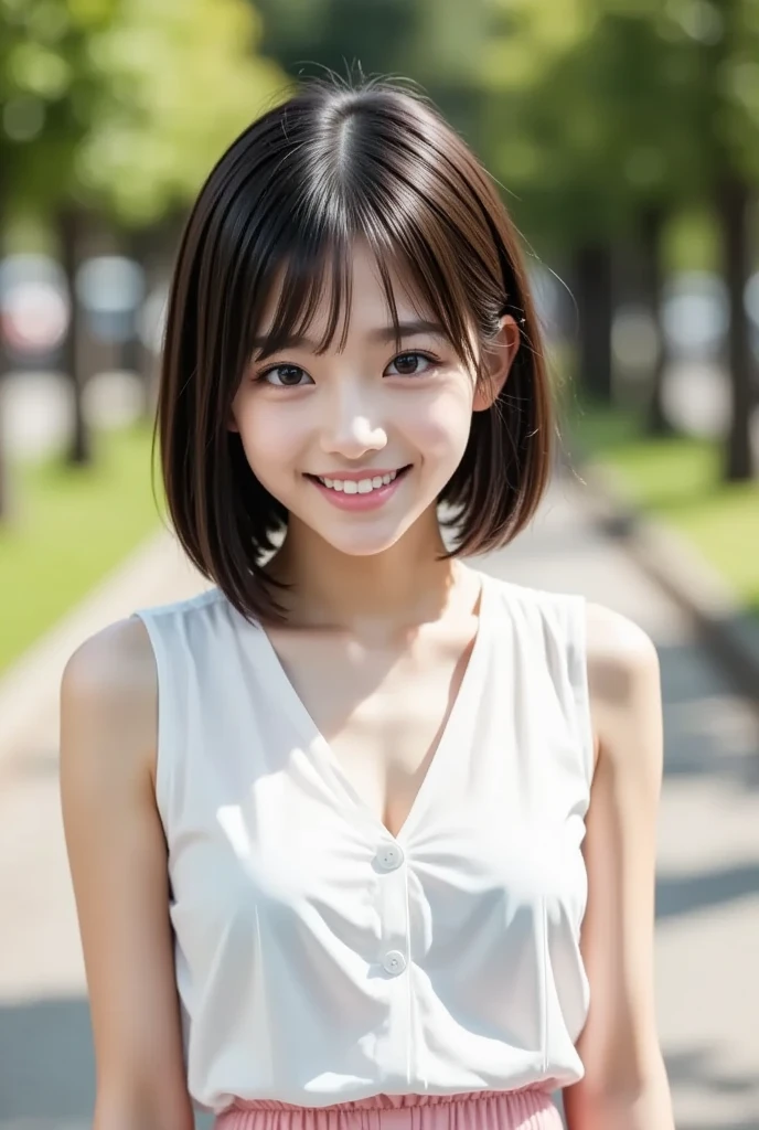 (8k,  photorealistic,  RAW photo,  Max Image: 1.4),  Japanese girls、18 years old, (Slightly longer bob hair)、 sexy,  smile, Super detailed face 、Attention to detail、 double eyelids 、 sharp concentration:1.2、( super cute idol-like face :1.2),  beautiful woman:1.4、( black hair)、 top quality、  masterpiece on penis 、 super high resolution、( photorealistic:1.4)、 is exquisitely crafted in every detail 、プロの照明で照らされたsmile、( White Sleeveless Blouse 、 pink pleated skirt )、 open your mouth slightly、,((( The background is a park )))