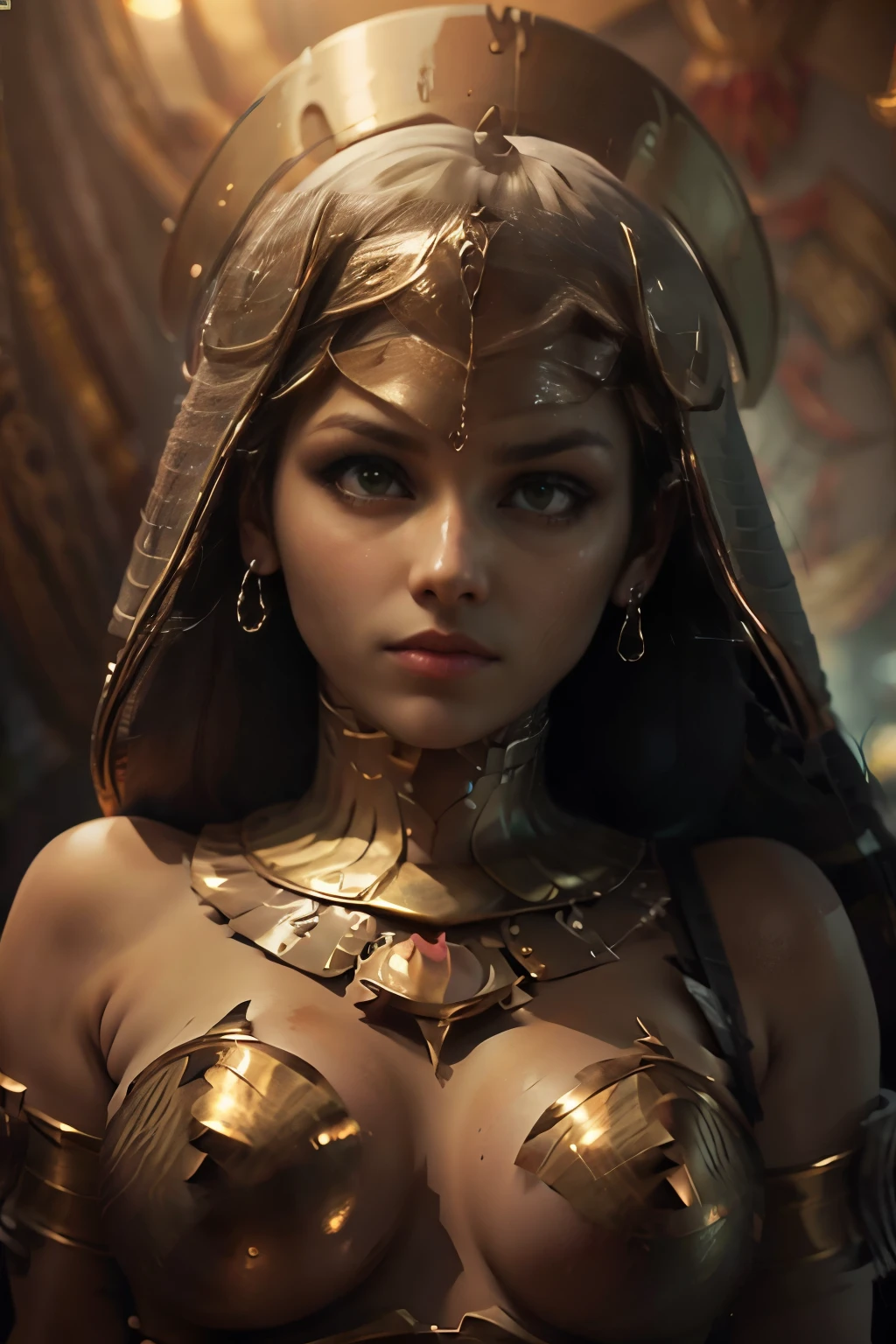 hyper realistic portrait shot of a beautiful egyptian queen, looking down proudly on the camera with her expressive green eyes, tanned skin tone , thin nose , black braided bob hair with golden accessories and jewelries , wearing a white see tough dress