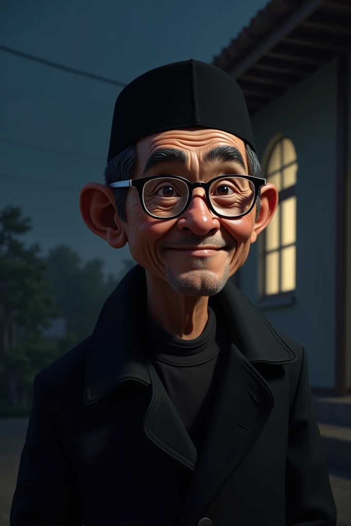 40 years old man, Indonesian male caricature, with real human skin color, black hair wearing a black Muslim cap, clear wrinkled glasses, wearing a black coat with a white inner background of a house at night, and very realistic, high contrast, high color effect, real 8k focus detail, and no spelling errors,