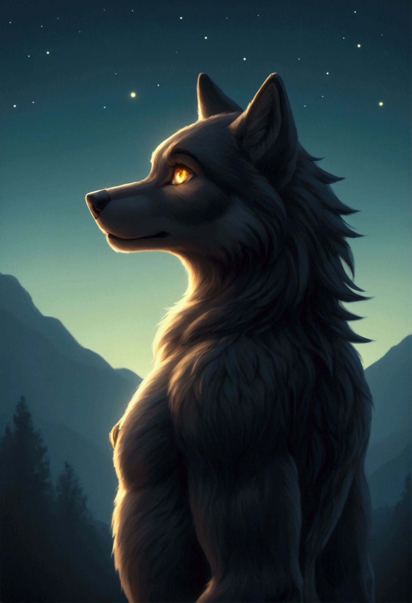 Beautiful black wolf with golden eyes. In Background Nightsky. Magic Wolf with macic glowing Runes on the Body