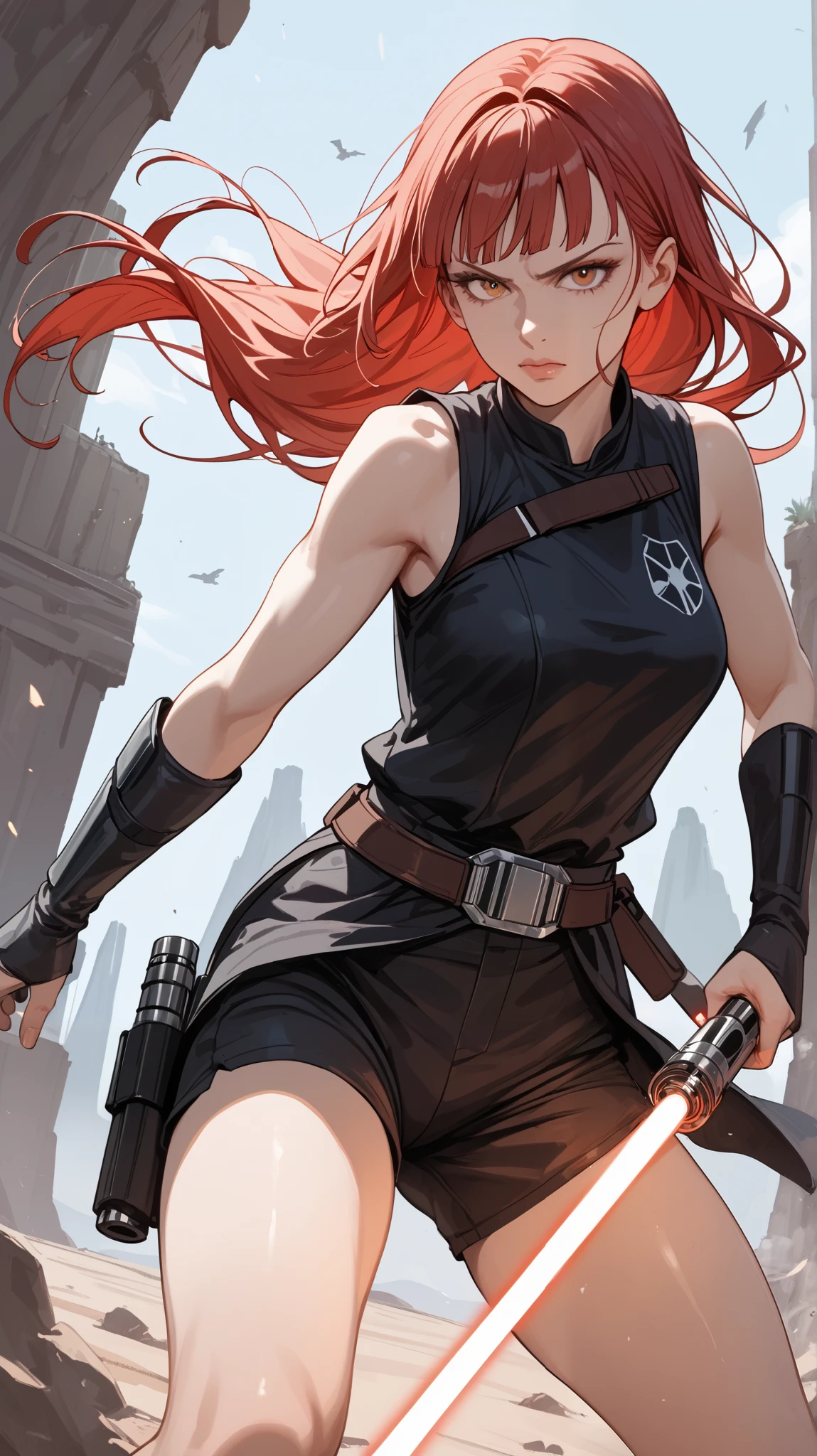 Star Wars human female Jedi, shorts, sleeveless, lightsaber at the ready,,{{masterpiece}}, {{{best quality}}},{{ultra-detailed}}, Combat Stance、 action,Straight hair,Long hair ,Red Hair, blunt bangs,