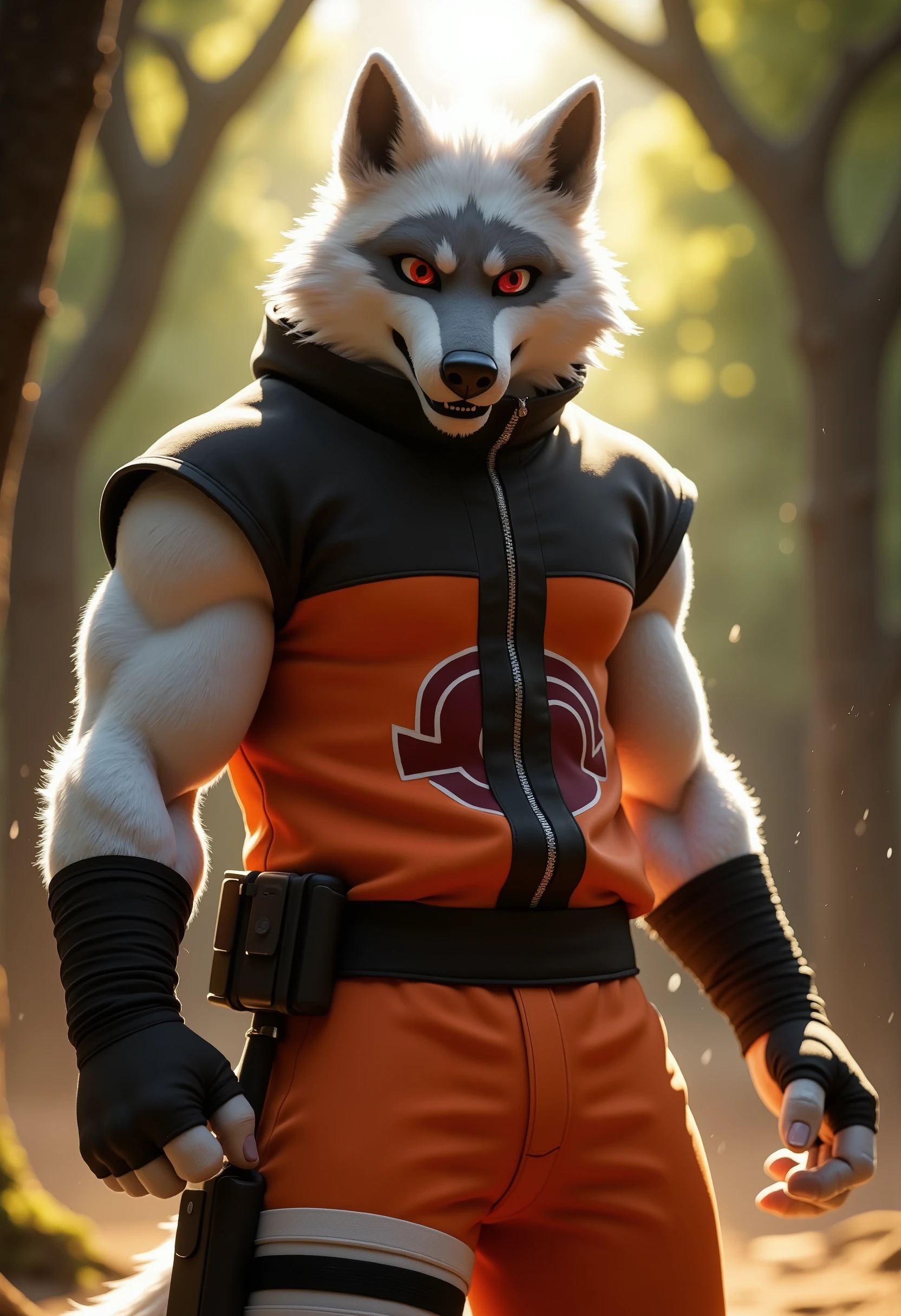 hyperrealistic, ultra-cinematic, 8K rendering of an adult male muscular werewolf fursuit, anthro, with striking red eyes and pristine white fur, wearing an intricate and highly detailed cosplay of Naruto Uzumaki. The werewolf's imposing physique is highlighted by the iconic orange and black ninja outfit, custom-tailored to accentuate his muscular frame. The fabric textures are vividly realistic, complete with the Konoha headband tied firmly around his forehead and the swirling Uzumaki clan emblem boldly displayed on the back of his jacket. His sharp claws protrude from fingerless gloves, and his piercing red eyes glow with an intense determination, creating an aura of power and charisma.

The background features a lush forest inspired by the Hidden Leaf Village, bathed in golden sunlight that filters through the dense canopy, casting dramatic shadows on the scene. Dust particles float in the air, adding depth and a sense of movement. His white fur gleams under the light, contrasting beautifully with the vibrant colors of the outfit. The werewolf strikes a commanding pose, as if preparing for an epic battle, with wind tousling his fur and the fabric of his outfit for a lifelike dynamic effect. Every detail, from the intricate stitching of the clothing to the individual strands of fur, is rendered in a CyberRealistic, photorealistic style, embodying a perfect fusion of realism and fantasy.