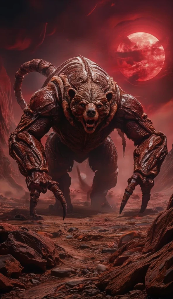 Horror scene, outlast, silent hill atmosphere. A monstrous bear-scorpion hybrid stands amid the rocky desert under the same blood-red sunset. Its massive body is covered in thick fur with patches of armored scorpion exoskeleton. It has scorpion-like legs with sharp claws jutting out from its sides, and a segmented tail ending in a venomous stinger arches over its back. Dust swirls around it as it looms over the rocky terrain, blending both creatures' fearsome presence, (Ultra-realistic, 32k, Masterpiece, High Quality, Detailed Realistic Background, Official Art, Realistic Lighting, filmfotos, film grain, reversal film photography), Mysterious