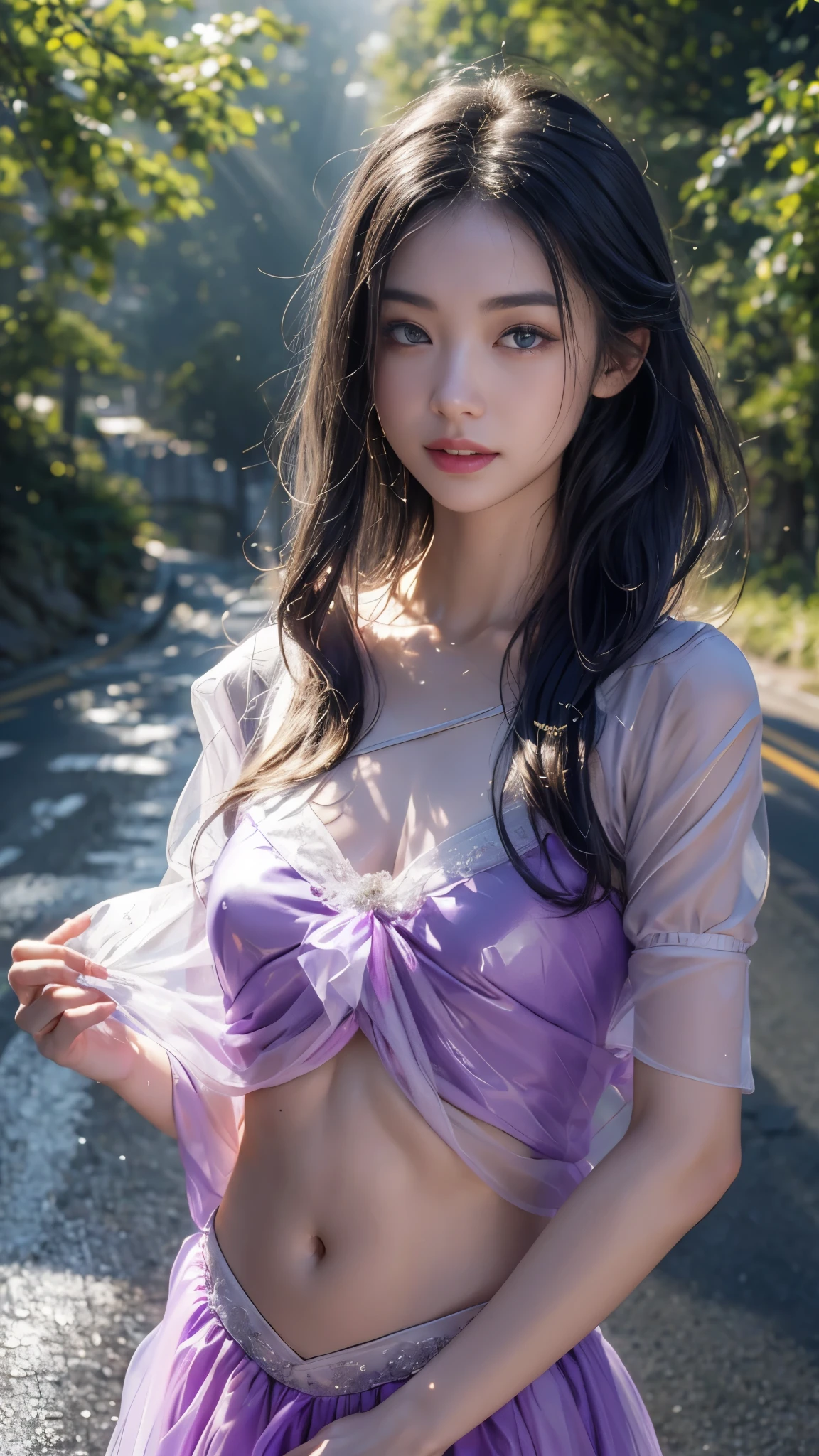 8K, ultra hd, masterpiece, 1 girl, ((18 years old girl)), good face, very long hair, detailed eyes, detailed lips, small breasts, ((wet clothing, pink clothing)), ((criss-cross lace)), sardine, ornament, jewellery, antique jewellery, loops, straps, dim lighting, epic scenery, ((night scenery:1.5)), ((Realistic moon)), cherry blossom, beautiful, rain, flowers, butterfly, water reflection, RTX 4090, (unreal engine 5), ray tracing, bloom effect, front body, sitting,