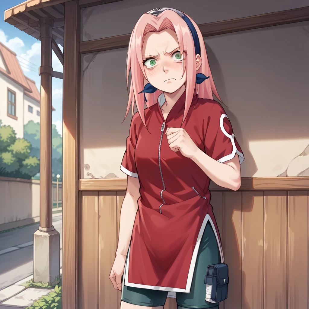 (masterpiece,best quality,detailed,high resolution),(((anime style))),1girl, haruno sakura, pink hair, long hair, green eyes,red shirt, red qipao, zipper, short sleeves, bike shorts,standing,(((displeased face))),blush,