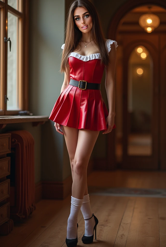 (((profesional: Paso a paso, taking into account even the smallest detail, Resultado final a nivel de Dios, imagen: todos los detalles intrincados, todo el cuerpo con detalles intrincados, Solo 1girl, Disparo de vaquero, 3 rejillas negras todo el cuerpo, Santa Claus Costume, santa hats, pelaje blanco, Prendas de punto blancas, white highnecksweater, sin mangas, capa de boa roja, falda festoneada roja, minifalda, pelaje blanco skirt hem, open black corset, Slim build, - Ojos Indigo, sin mangas, bota negra, Cabello largo, scrunchie redondo blanco, senos medianos, Obra maestra, highest qualityr, Un esbelto, Fotorrealista, high resolusion, piel radiante, cepillo ligero, They are smiling, sonrojarse, Navidad tree, Regalos, interior confortable, Navidad, Musloace symmetrical, 18 yo girl, cabello mediano, Light brown hair with two ponytails above the ears., Slim build, senos medianos, una blusa de cuello bajo desabrochada y escote en V blanco, pleated cowboy minifalda, tacones talla 10, Try profesional seduction, visto desde la cadera, pose, vista aleatoria muy caliente, NSFW"