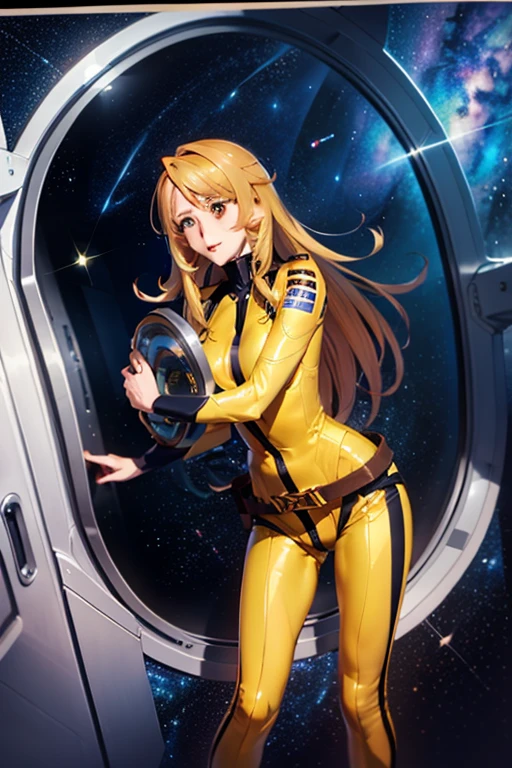 (masterpiece, best quality:1.2), (cowboy shot:1.1), solo, 1girl, mori yuki, slight smile, closed mouth, looking at viewer, blonde hair, thigh gap, (unzipped bodysuit:1.5), slight smile, leaning forward, side view, yellow bodysuit, skin tight, belt, large window, (starship porthole:1.3), from front, (spread legs:1.3), (standing:1.1), starship interior, (outer space view:1.1), (orbital view:1.3), (night, stary sky:1.5), milky way