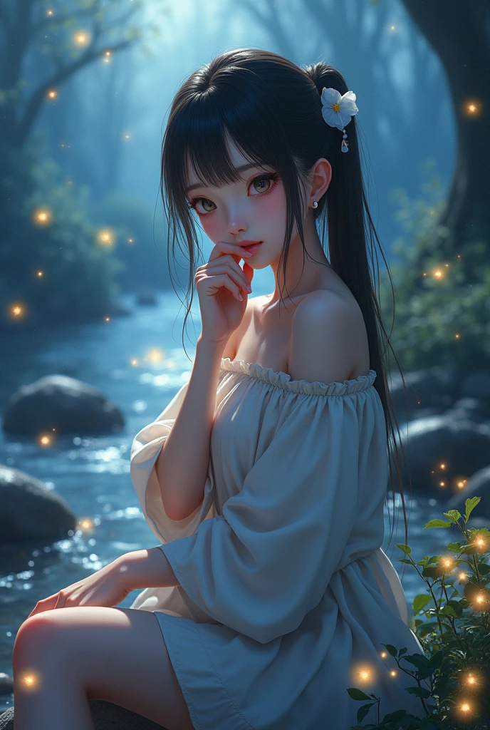1 girl, lake scene, navy swim suit, seat on the water, white dress, gold details on her clothes, waterfall, white flowers on focus, full moon, purple hair, swim suit with frills, night, flowing hair, crystals, sparkles, firefly