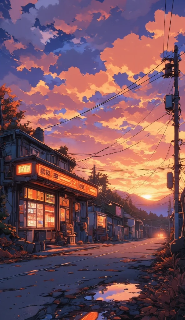 a deserted road.
dusty, leaves on the ground ,  street with pools of water reflecting the sky . 
 A rustic convenience store on the corner ,  with neon panels .
 A shimmering sunset , obfuscating,  orange gradient , pumpkin, lilac, vivid colors.
 A sun with sun rays that cross the clouds.