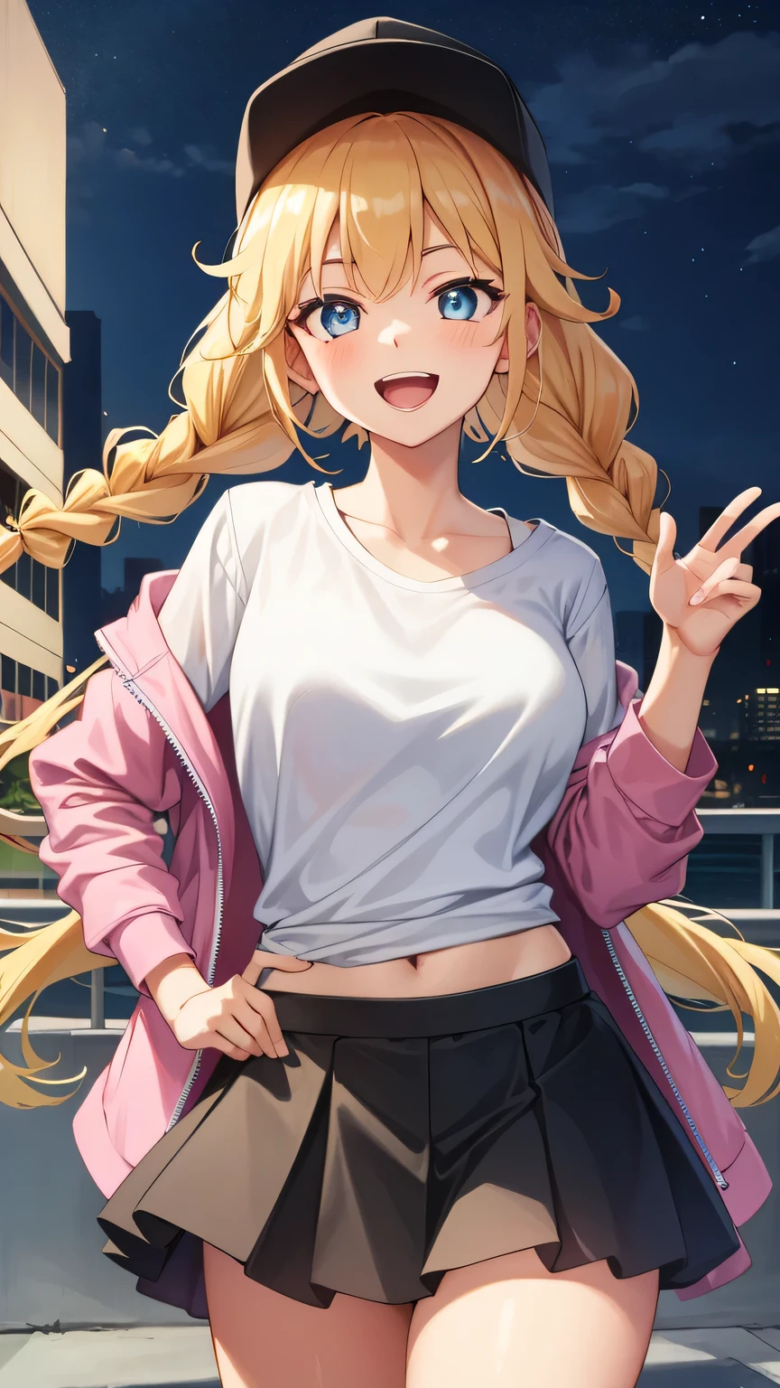 {{{masterpiece}}}, (best quality:1.5), (ultra-detailed:1.5), {illustration}, {{an extremely delicate and beautiful}}, (beautiful detailed eyes:1.5), absurdres, highres, extremely detailed face, 16k, hd, visual anime de uma jovem mulher, extremamente bonito rosto de anime, anime melhor garota, (perfect hands, perfect anatomy), anime face, Eiko Tsukimi(Ya Boy Kongming!), 1girl, solo, cute face, long hair, twin braids, braid, blonde hair, sidelocks, bangs, flushed cheeks, blue eyes, big eyes, medium breasts, thin waist, big hips, curvaceous, plump thighs, BREAK, black headwear, baseball cap, open clothes, multicolored jacket, open jacket, t-shirt, white shirt, clavicle, shirt tucked in, denim skirt, black microskirt, BREAK, open mouth, smiling, flushed cheeks, walking, looking at viewer, outdoor, city, building, sky, night, cowboy shot