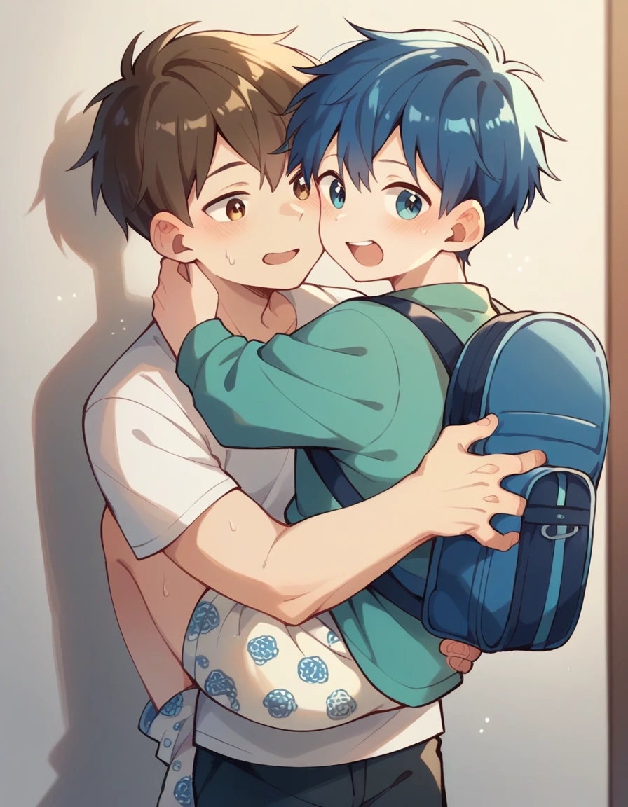 First-year elementary school boys carry blue backpacks and show cute patterned diapers full of cute pee