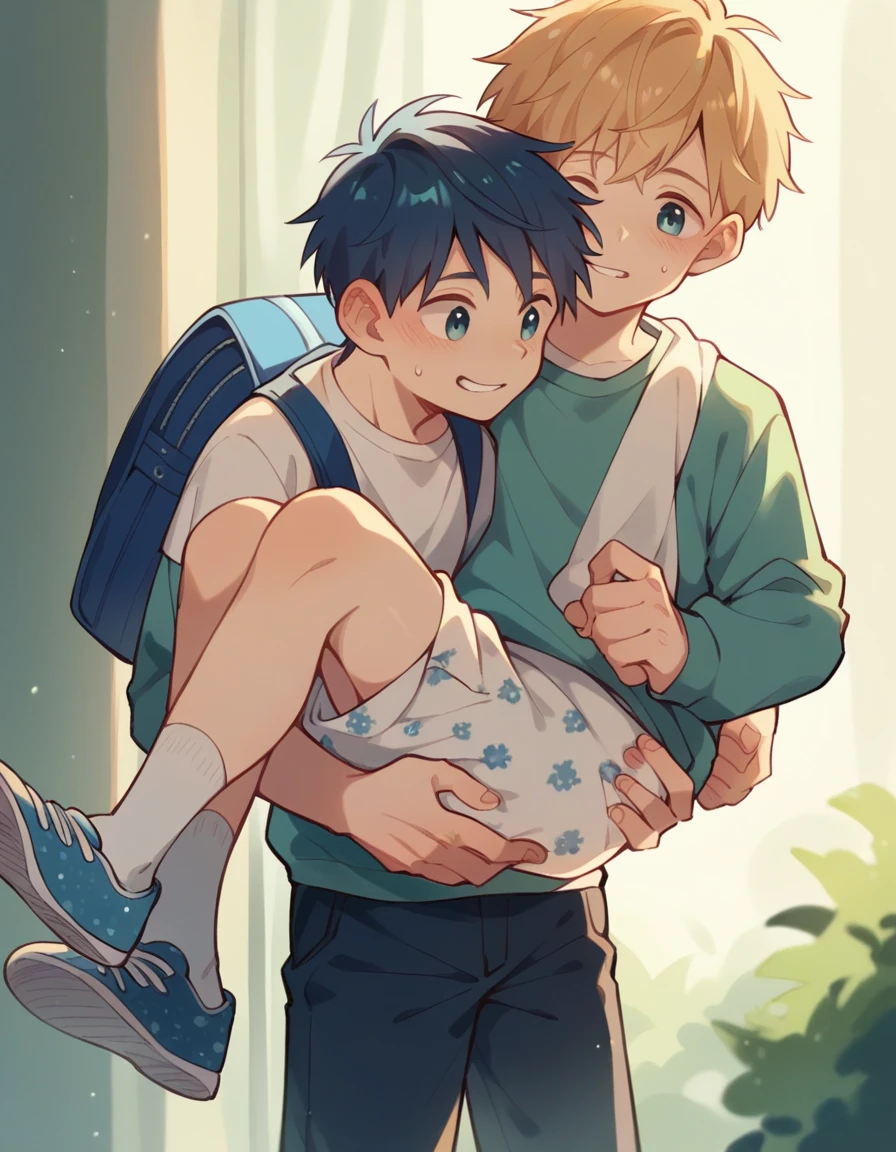 First-year elementary school boys carry blue backpacks and show cute patterned diapers full of cute pee