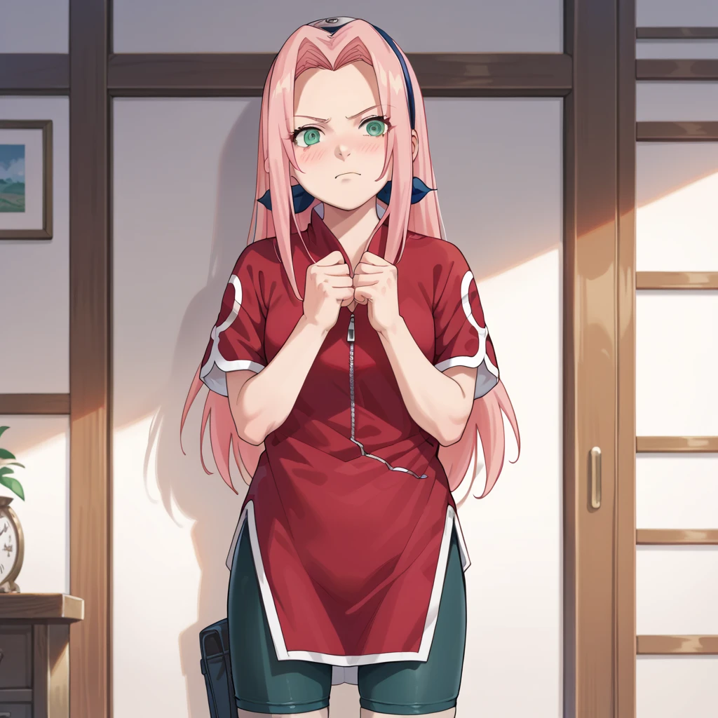 (masterpiece,best quality,detailed,high resolution),(((anime style))),1girl, haruno sakura, pink hair, long hair, green eyes,red shirt, red qipao, zipper, short sleeves, bike shorts,standing,(displeased face),blush,