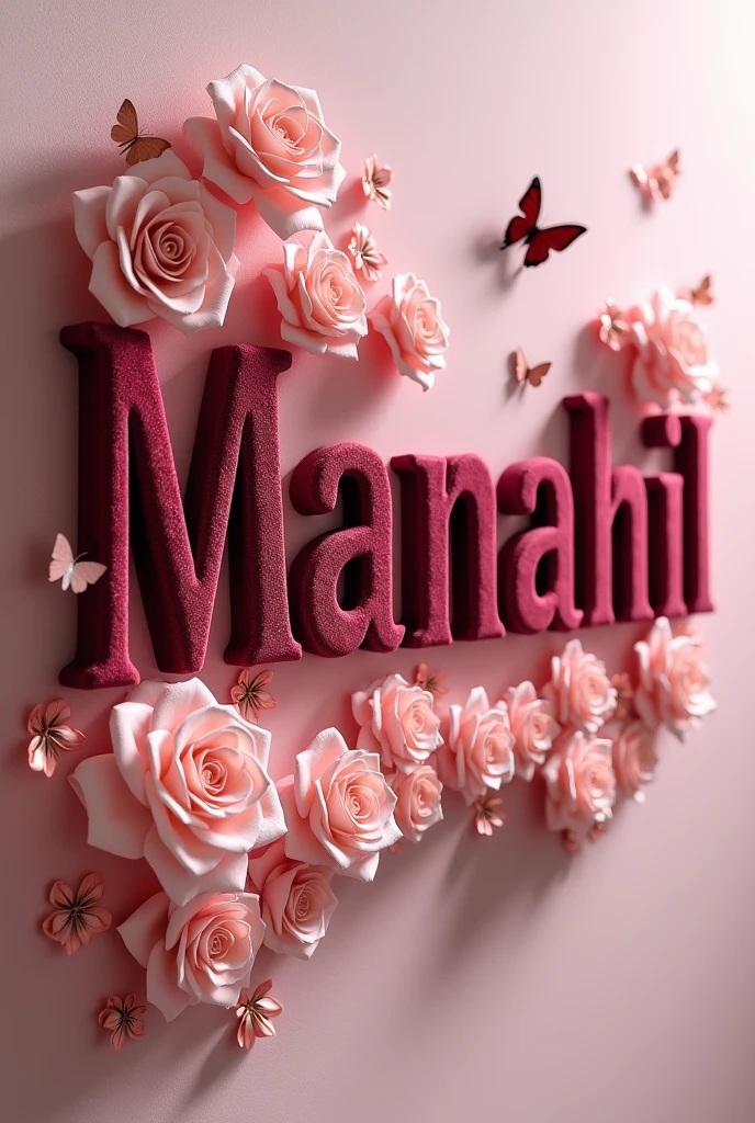 "Elegant wall art featuring 'Manahil chudhary.' in bold maroon velvet letters, surrounded by cascading pink roses and delicate butterflies. Perfect for celebrating love and elegance!