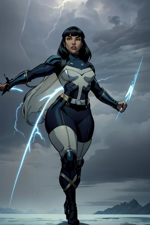 (masterpiece), (best quality), ((Nicki Minaj)), makeup, (brown skinned female), (thick thighs), ((small breasts:1:1)), ((wide waist)), hair with bangs, ((storm from x-men outfit)), ((grey background)), contoured