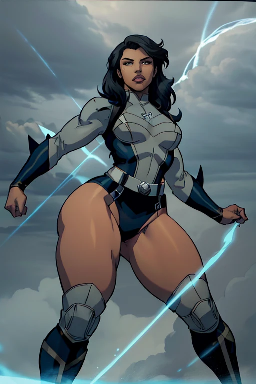(masterpiece), (best quality), ((Nicki Minaj)), makeup, (brown skinned female), (thick thighs), ((small breasts:1:1)), hair with bangs, ((storm from x-men outfit)), ((grey background)), contoured