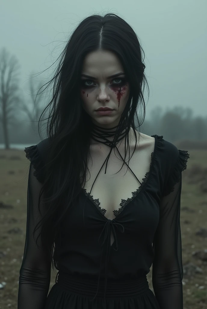 Vampire girl with chocolate brown eyes and long dark brown hair and she doesn't have bangs. She's slightly eerie and against the backdrop of the dark forest. Small eyes and small heart-shaped lips. The girl is covered in blood. It's in the style of goth and tim bertchen.ukiyo-e, anime style, SHE HAS NO BANGS. Covered in blood and looks terrifying. She's pale and about . Anime style ANIME STYLE