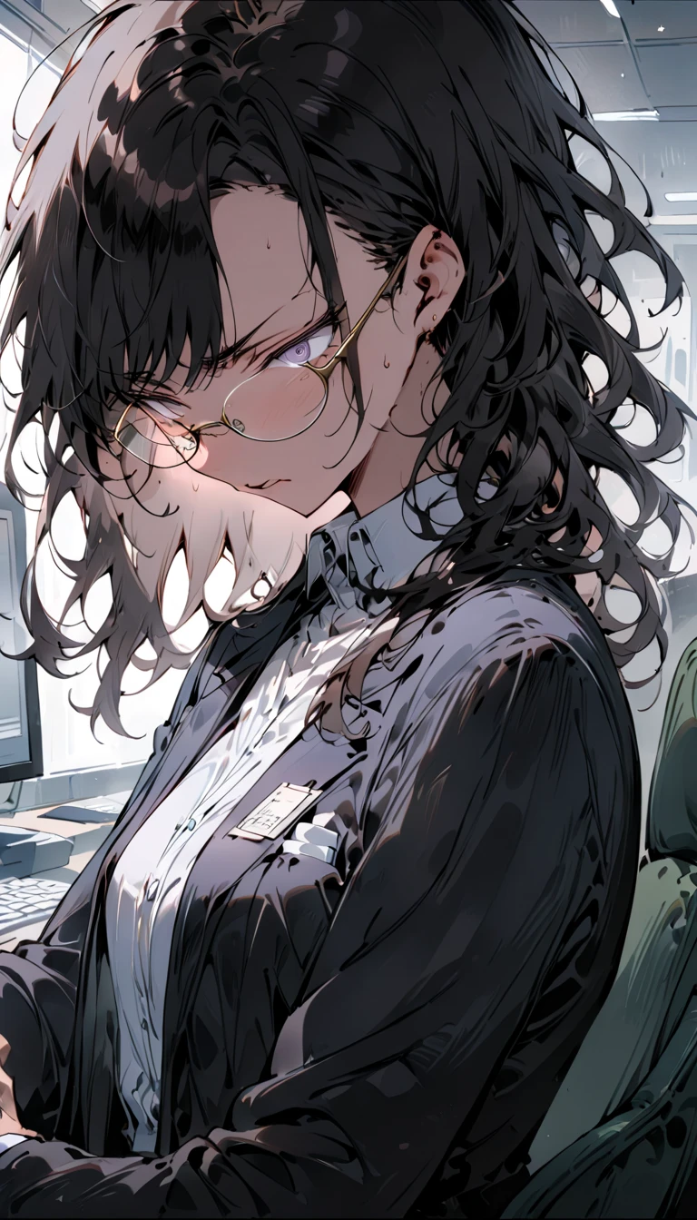 (masterpiece, top quality, super detailed),( anatomically correct),Light Color, portrait,( dark haired mature woman,Medium-long hairstyle,Large black-rimmed glasses ,(whole body:1.6)),Working in the office,Troubled face facing the computer at the desk, business suit,(Small breast size), watercolor style 