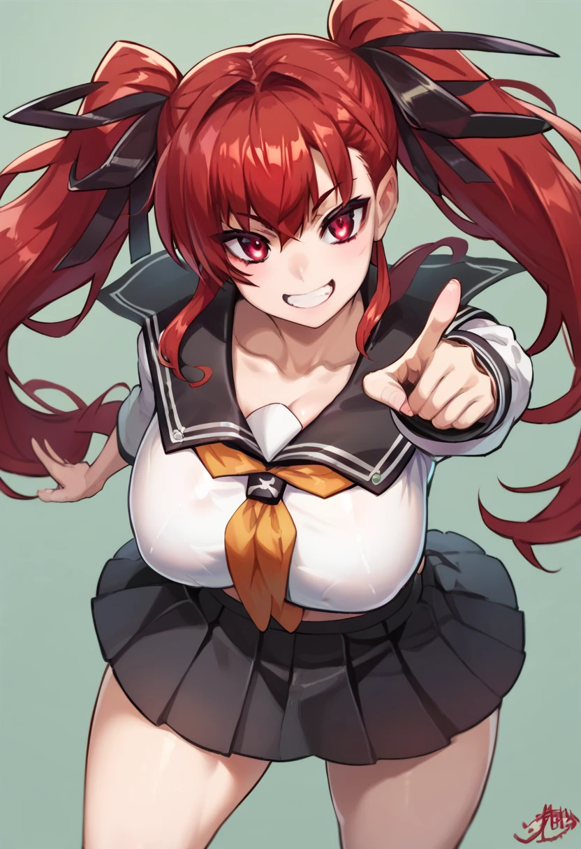 score_9, score_8_up, score_7_up, source_anime, 1girl,red eyes,smile, simple background, red hair, red eyes, huge breasts, thick thighs, wide hips, school uniform, serafuku, pointing to viewer, looking at viewer, smile, dynamic pose, long hair, twintails, black ribbon