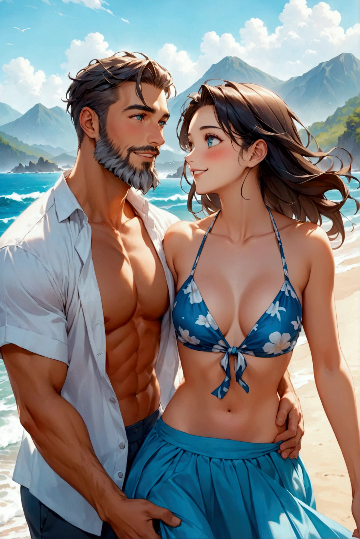 An muscular Caucasian man in his thirties, dressed in beach wear is talking a walk with his beautiful Japanese girlfriend wearing a blue high-waist skirt in marine print. He holds her hands, while she looks up at him with a gentle grin when her silky black hair is flowing in the ocean breeze. The touch of blush shows their happiness and strengthens this romantic scene of warmth, love and carefree joy. The background features a turquoise ocean with the outline of mountains far away. Caucasian man with groomed beard, height difference couple, (interracial couple), beautiful eyes, couple shot, male with beard, smile, blushed, wide view, lovers, add_detail:1, add_detail:0, add_detail:0.5