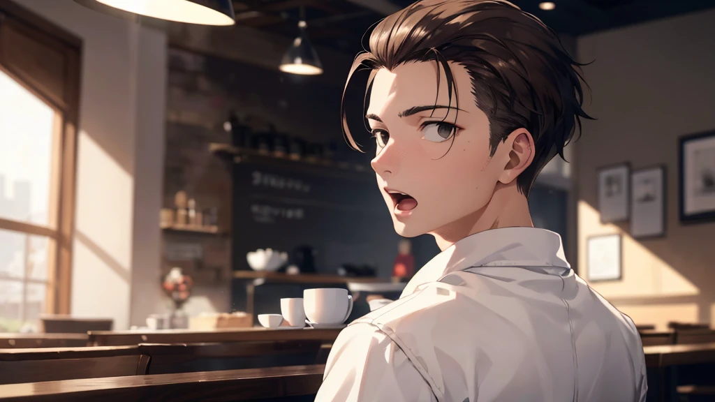 (open mouth), 1 male, (upper body), black eyes, ((sanpaku)), ((hair slicked back)), (dark brown hair), (white coat), cinematic lighting, dramatic lighting, Sharp Focus, (Best Quality, masterpiece, detailed, facial focus), ((in the cafe)), [old man, elderly]