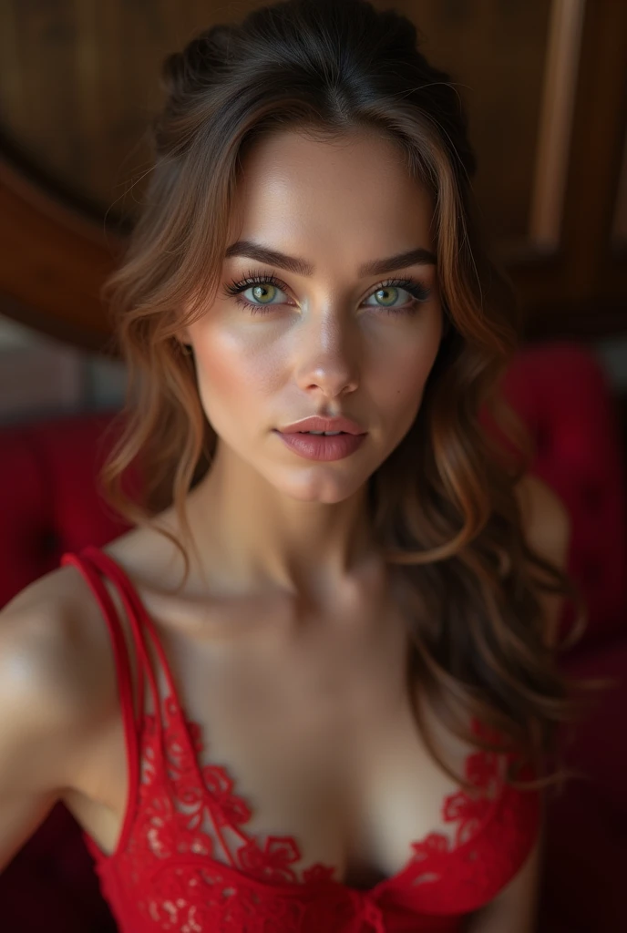Best quality,ultra-detailed,photorealistic:1.37,UHD,professional,painting,HDR,realistic,portrait,Ukrainian beauty,gorgeous woman,exquisite facial features,sparkling blue eyes,porcelain skin,elegant pose, natural beauty,vibrant colors,soft lighting,subtle shadows,feminine elegance, green:1.3 one side messy updo long hair, red lingerie, luxurious bed, soft lighting, vivid colors, professional photography, portraits, bokeh