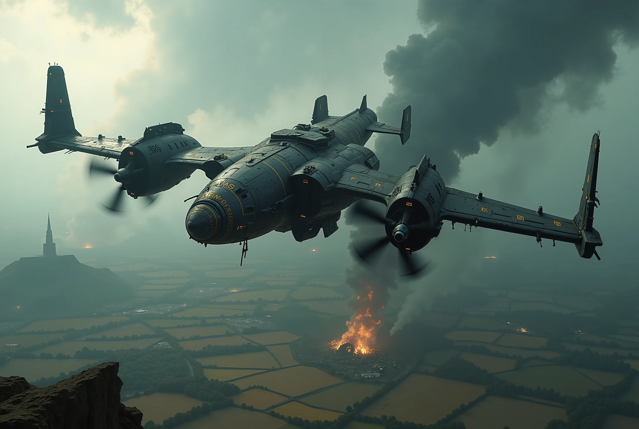 Wide view, high angle looking down countryside landscape downsideshot, futuristic, Sci-fi cinematic scene. Dramatic storming sky background. Twin body Giant plane, Armored  Airfortress flying through, The twin fuselage, forged from dark gunmetal alloy.  The twin wingspan propellers, with guns. wandering through, Golden runes and cybernectic line decorate, Grimmdark, mechanical. (Ultra-realistic, 32k, Masterpiece, High Quality, Detailed Realistic Background, Official Art, Realistic Lighting, filmfotos, film grain, reversal film photography).
