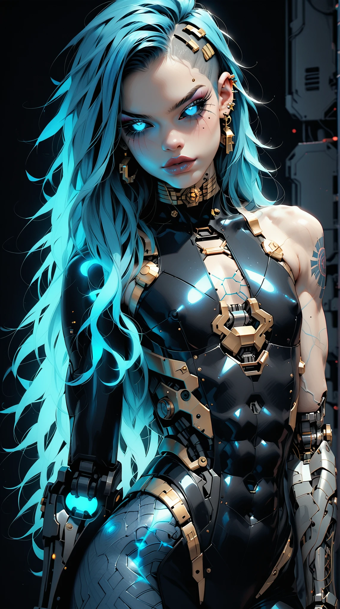 (nsfw:1), (Uncensored:1), score_9, score_8_up, score_7_up, (three quarters Shot), (1 girl), (asian), beautiful age (skinny) muscular goth cyborg girl, (full Cybernetic bodysuit:1.5), (black sclera:1.5), (blue glowing eyes:1.5), (blue glowing body veins:1.5), (flat chest:1.25), (blue glowing hair:1.25), (beautiful face:1.25), (bodybuilder femboy physique:1.25), (skinny long legs:0.75), (intricate gold filigree:1.5), bimbo lips, cowboy shot, cybernetic, mechanoid body parts, exposed cables and circuits, neon lights, gothic neon style, cyber punk style, super realistic image, beautiful digital paint , hyper Realistic illustrations, CyberRealistic_Negative_PONY