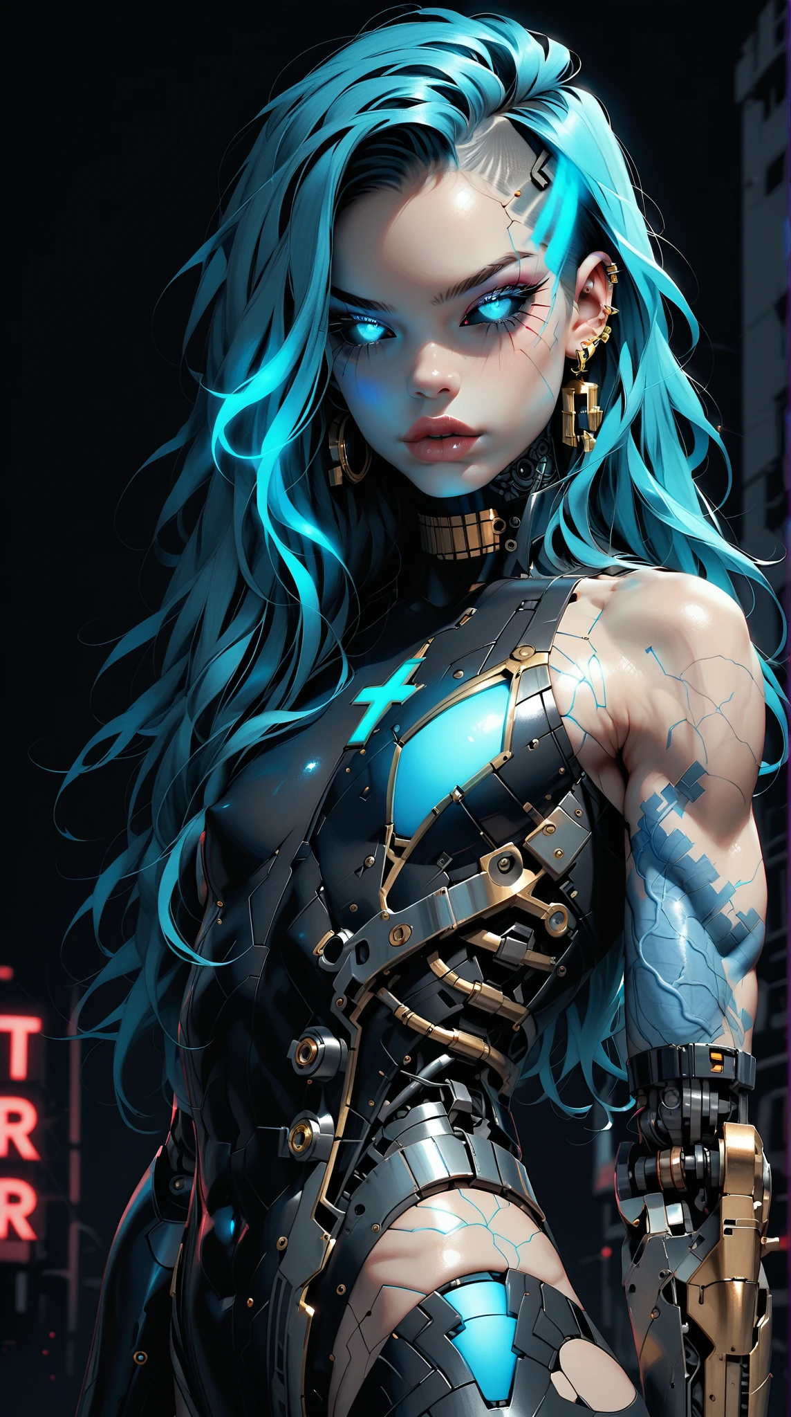 (nsfw:1), (Uncensored:1), score_9, score_8_up, score_7_up, (three quarters Shot), (1 girl), (asian), beautiful teenage (skinny) muscular goth cyborg girl, (full Cybernetic bodysuit:1.5), (black sclera:1.5), (blue glowing eyes:1.5), (blue glowing body veins:1.5), (flat chest:1.25), (blue glowing hair:1.25), (beautiful face:1.25), (bodybuilder femboy physique:1.25), (skinny long legs:0.75), (intricate gold filigree:1.5), bimbo lips, cowboy shot, cybernetic, mechanoid body parts, exposed cables and circuits, neon lights, gothic neon style, cyber punk style, super realistic image, beautiful digital paint , hyper Realistic illustrations, CyberRealistic_Negative_PONY