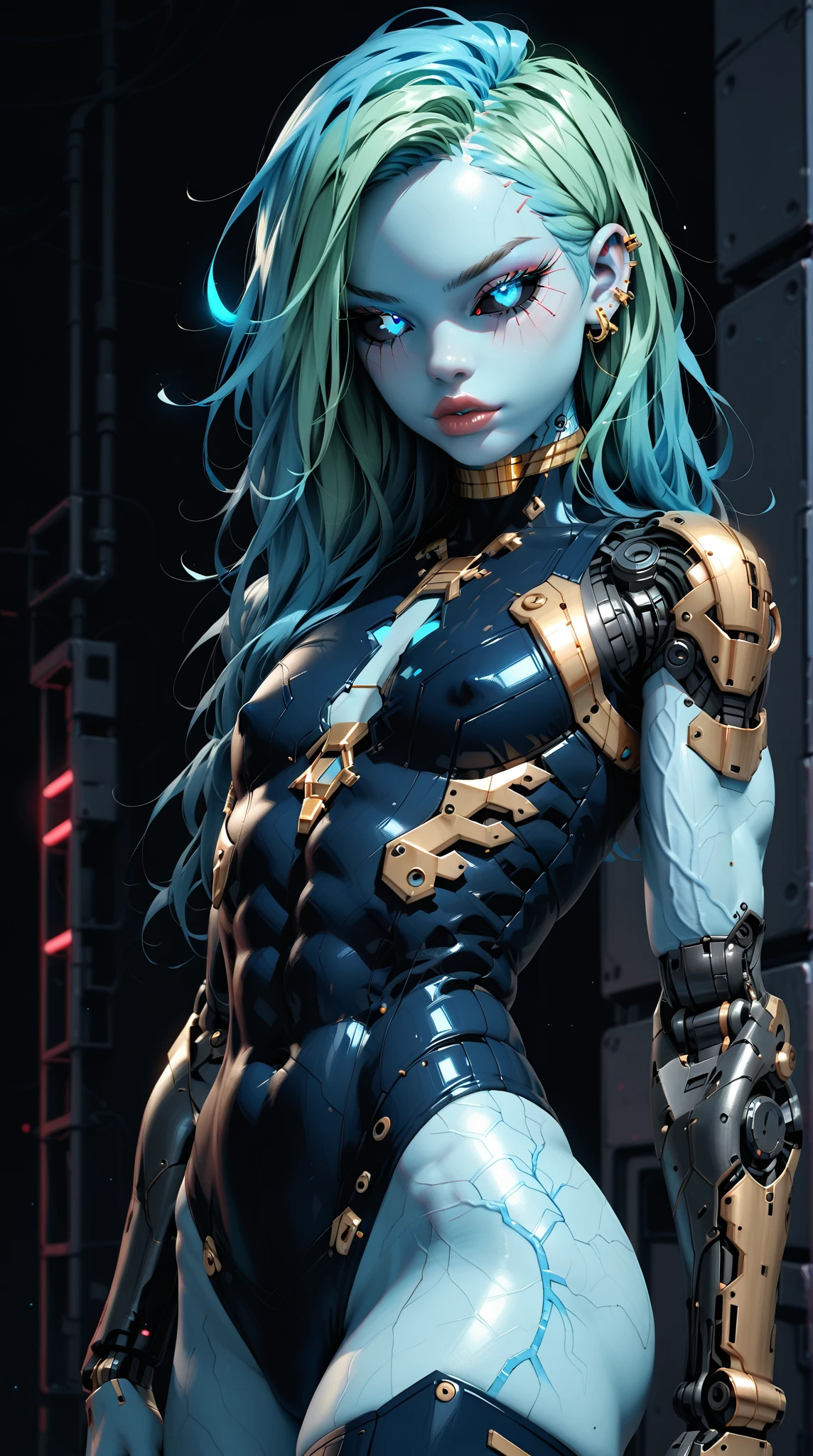 (nsfw:1), (Uncensored:1), score_9, score_8_up, score_7_up, (three quarters Shot), (1 girl), (asian), beautiful teenage (skinny) muscular goth cyborg girl, (full Cybernetic bodysuit:1.5), (black sclera:1.5), (blue glowing eyes:1.5), (blue glowing body veins:1.5), (flat chest:1.25), (blue glowing hair:1.25), (beautiful face:1.25), (bodybuilder femboy physique:1.25), (skinny long legs:0.75), (intricate gold filigree:1.5), bimbo lips, cowboy shot, cybernetic, mechanoid body parts, exposed cables and circuits, neon lights, gothic neon style, cyber punk style, super realistic image, beautiful digital paint , hyper Realistic illustrations, CyberRealistic_Negative_PONY