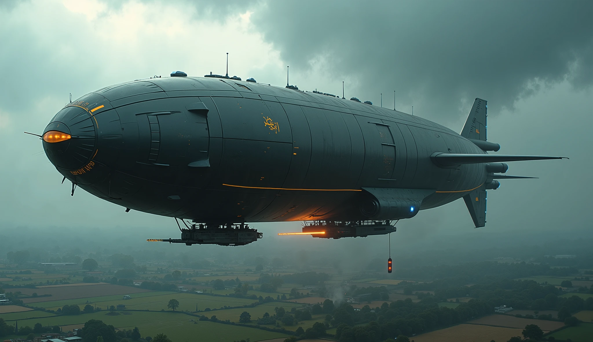 Wide view, high-angle shot, futuristic countryside. Dramatic storm-filled sky, swirling clouds. Twin-body armored airship inspired by Graf Zeppelin, twin body connected by between, dark gunmetal alloy. Golden runes, glowing cybernetic lines. Massive wingspan propellers, rotating blades, guns, reinforced carriage below. Grimdark, mechanical aesthetic. Stormy glow highlights metallic surfaces, textured clouds. Intricate countryside details: fields, rivers, settlements. Cinematic lighting, ultra-realistic, 32k resolution, film grain, reversal film effects.