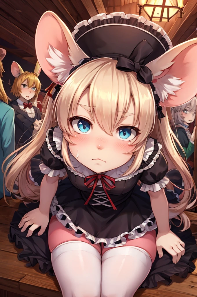 Anime. 1 girl. . Kitsune. Blonde. Long hair. Blue eyes. Beautiful eyes. Perfect eyes. Expressive eyes. Blind eyes. Blind. Ideal face. Ideal anatomical body. Beautiful long legs. Beautiful body. Beautiful nose. Fox ears. Fox's tail. 12 ybarrassment. Blush. Beautiful character design. Shiny skin. Dirty tunic. Torn Tunic. Slave. Collar. Shackles. On a chain. No panties. Barefoot. White cane in hand. Hand on crotch. Urinary incontinence. She wants to pee. She needs to pee. She has a strong, desperate urge to pee. He squeezes his crotch tightly. Rubbing the crotch. Slight forward bend. She peed herself. The girl can't stand straight. She pees standing up. She peed herself while standing in the raov market. Middle Ages. Fantasy. City. Town Square. Slave market. Tears on eyes. Cry. Snot flows from the nose. Whole body. nsfw. Official art. Extremely detailed CG Unity 8k wallpaper. Ideal lighting. Ultra high resolution 4K. Super detailed 8K. A high resolution.