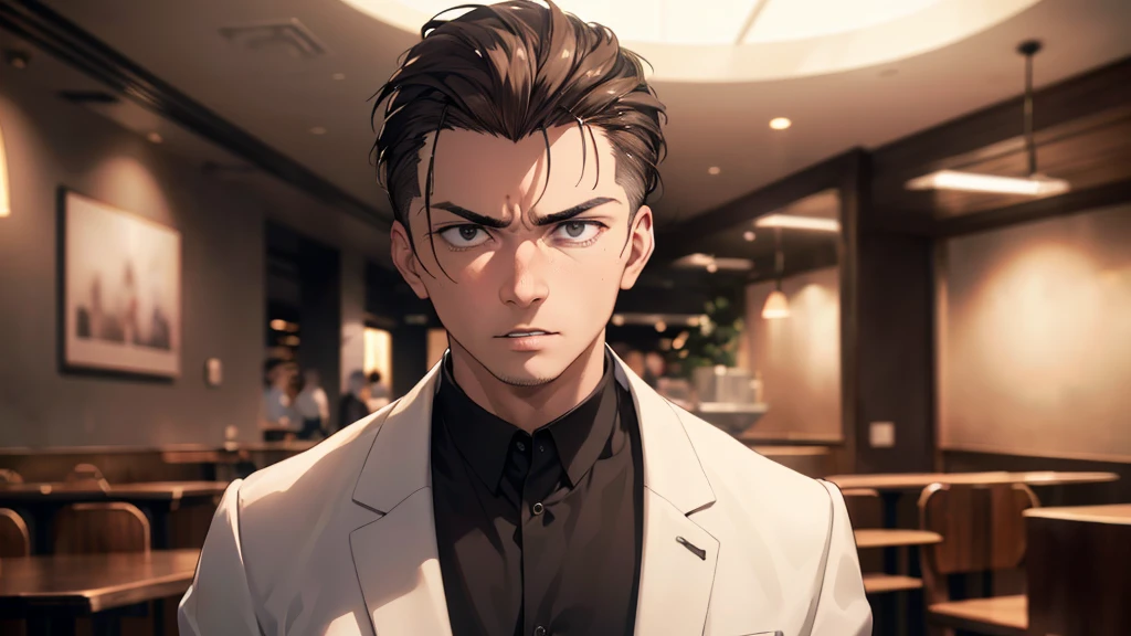 (glaring, scorn, parted lips), 1 male, (upper body), black eyes, ((sanpaku)), ((hair slicked back)), (dark brown hair), (white coat), cinematic lighting, dramatic lighting, Sharp Focus, (Best Quality, masterpiece, detailed, facial focus), ((in the cafe)), [old man, elderly]