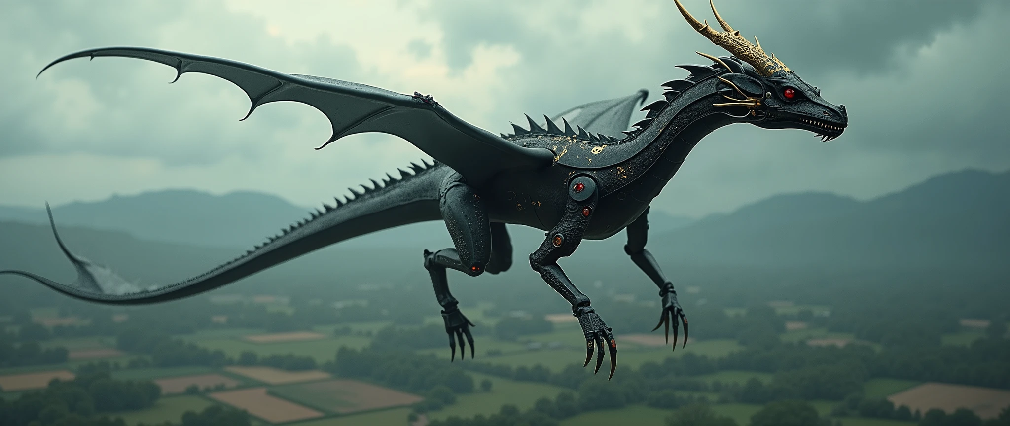 Wide view, high angle looking down the farmland shot, futuristic, Fantasy, cinematic scene. Dramatic storming sky background. The Chinese Dragon, The Asian black Dragon without wings. the body is long, austere dark and metallic, the antler is metal, the eyes is Ruby and shining, four lég woth sharpen claws, golden beautiful fin and tail. wandering through sky, Golden runes and cybernectic line decorate, Grimmdark, mechanical. (Ultra-realistic, 32k, Masterpiece, High Quality, Detailed Realistic Background, Official Art, Realistic Lighting, filmfotos, film grain, reversal film photography).