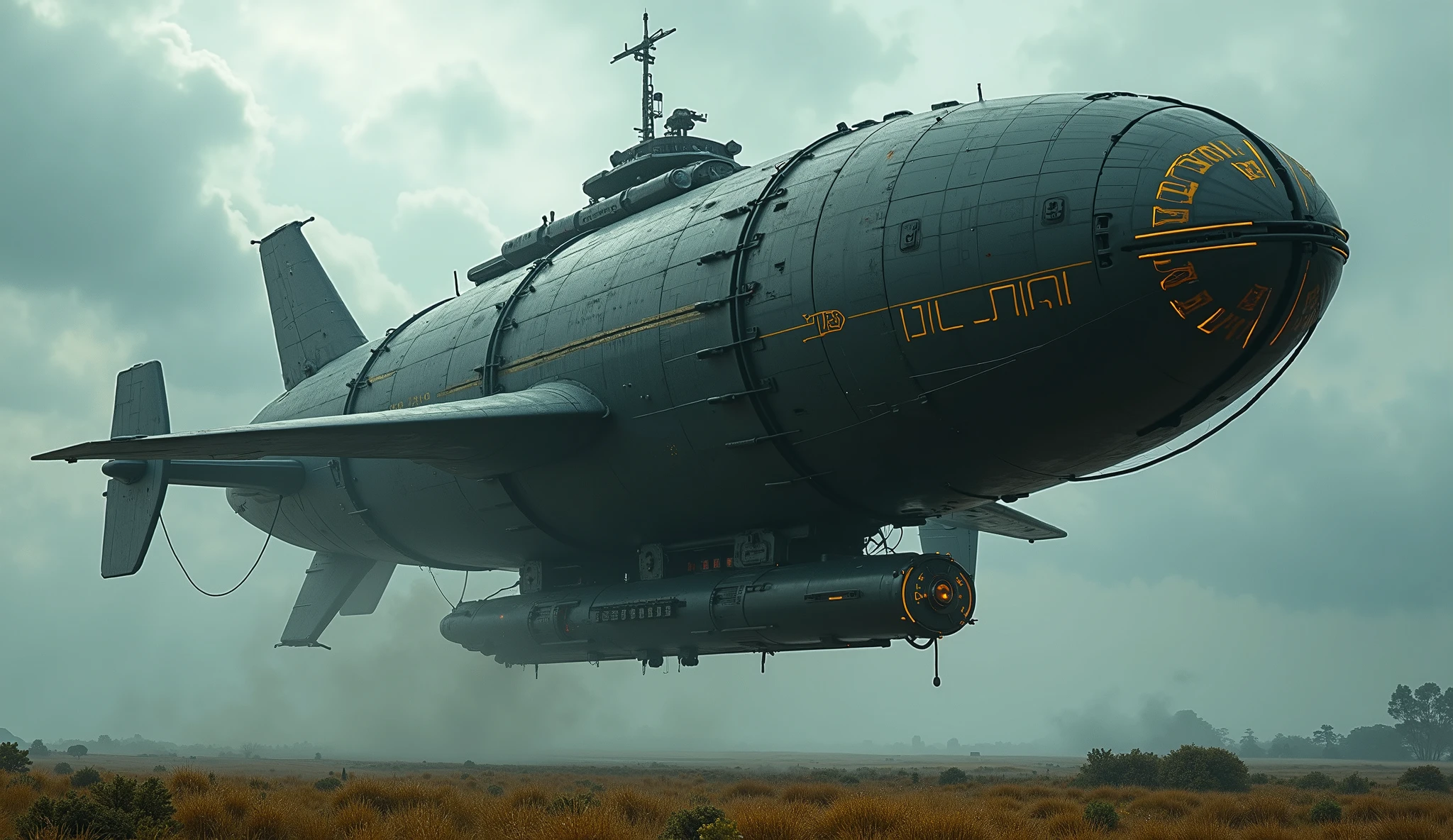 Wide view, high angle looking down countryside landscape downsideshot, futuristic, Sci-fi cinematic scene. Dramatic storming sky background. Implement Graf Zeppelin Airship, Twin body Giant Armored Airship flying through, The carriage under, forged from dark gunmetal alloy.  The wingspan propellers, with guns. wandering through, Golden runes and cybernectic line decorate, Grimmdark, mechanical. (Ultra-realistic, 32k, Masterpiece, High Quality, Detailed Realistic Background, Official Art, Realistic Lighting, filmfotos, film grain, reversal film photography).