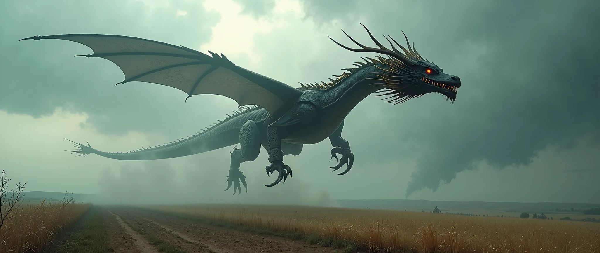 Wide view, high angle looking down the farmland shot, futuristic, Fantasy, cinematic scene. Dramatic storming sky background. The Chinese Dragon, The Asian black Dragon. the body is long, austere dark and metallic, the antler is metal, the eyes is Ruby and shining, four lég woth sharpen claws, golden beautiful fin and tail. wandering through sky, Golden runes and cybernectic line decorate, Grimmdark, mechanical. (Ultra-realistic, 32k, Masterpiece, High Quality, Detailed Realistic Background, Official Art, Realistic Lighting, filmfotos, film grain, reversal film photography).