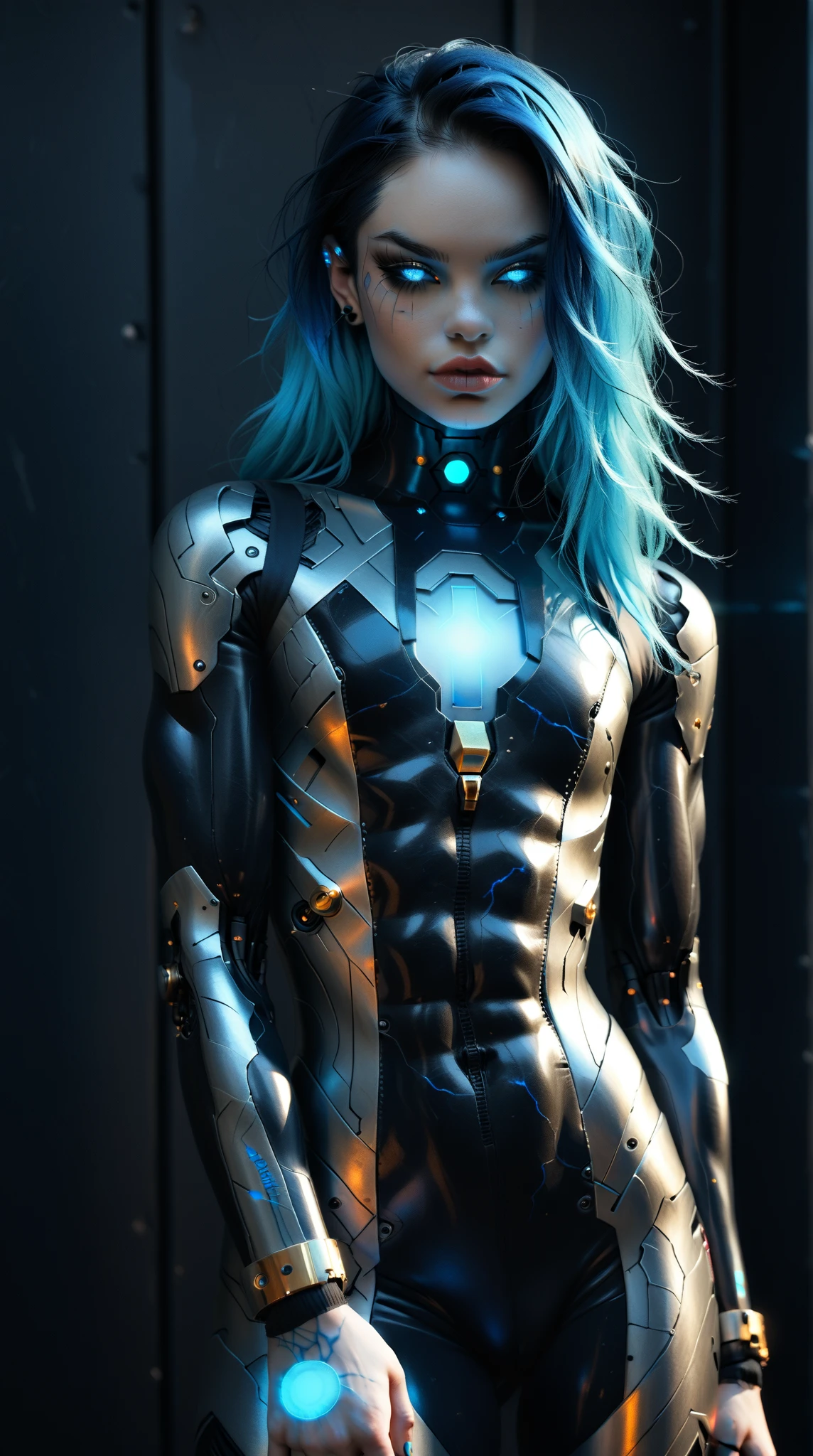 (nsfw:1), (Uncensored:1), score_9, score_8_up, score_7_up, (three quarters Shot), (1 girl), (asian), beautiful teenage (skinny) muscular goth cyborg girl, (full Cybernetic bodysuit:1.5), (black sclera:1.5), (blue glowing eyes:1.5), (blue glowing body veins:1.5), (flat chest:1.25), (blue glowing hair:1.25), (beautiful face:1.25), (bodybuilder femboy physique:1.25), (skinny long legs:0.75), (intricate gold filigree:1.5), bimbo lips, cowboy shot, cybernetic, mechanoid body parts, exposed cables and circuits, neon lights, gothic neon style, cyber punk style, super realistic image, beautiful digital paint , hyper Realistic illustrations, CyberRealistic_Negative_PONY