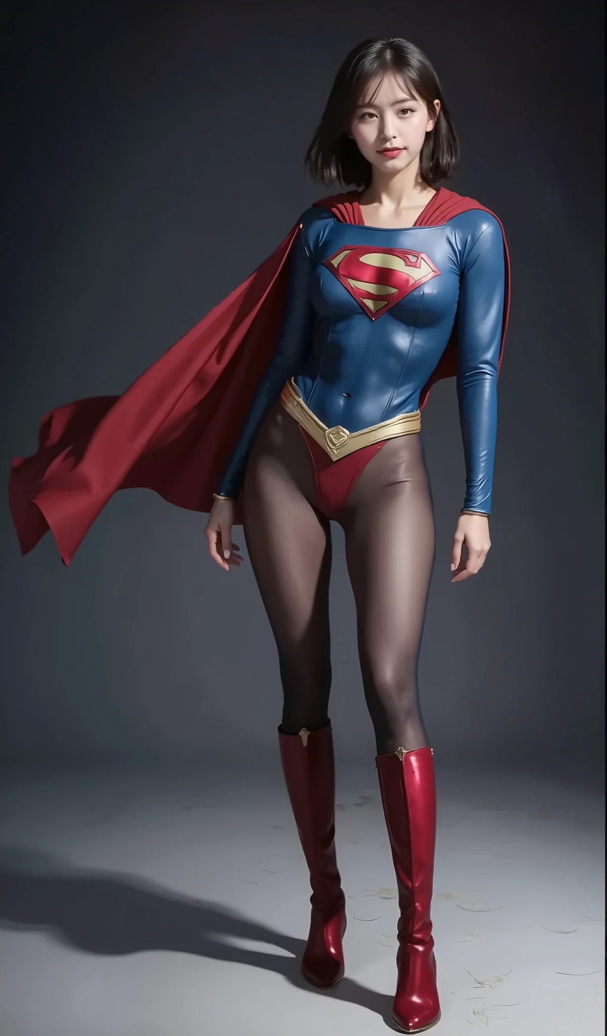No background、(((Beautiful legs in black tights.)))、(((Legally express the beauty of your smile)))、((((Make the most of your original images)))、(((Supergirl Costume)))、(((ボディにフィットしたSupergirl Costume)))、(((Beautiful hair in a ponytail)))、(((Smiles and winks)))、(((Please wear black tights....、Wear red boots)))、((Best image quality、8k))、((highest quality、8k、masterpiece:1.3))、(((Preserve background )))、Sharp focus:1.2、Beautiful woman with perfect figure:1.4、Slim Abs:1.2、Wet body:1.5、Highly detailed face and skin texture、8k