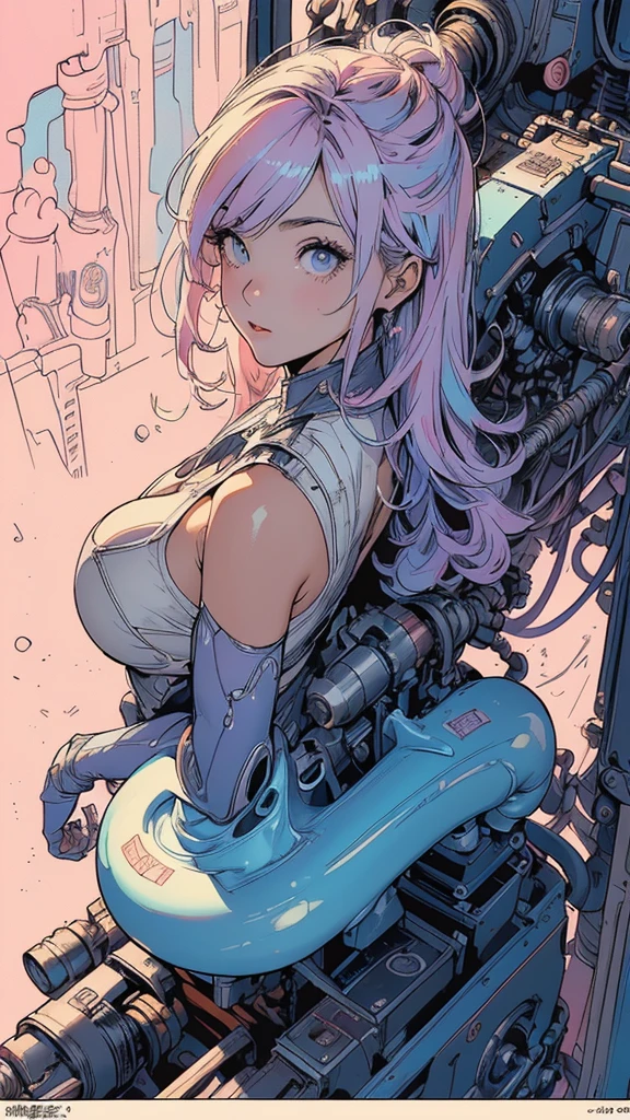 Female astronaut, shabby T-shirt, white shorts unbuttoned, cleavage emphasized, sweaty, blushing, hibernation capsule
