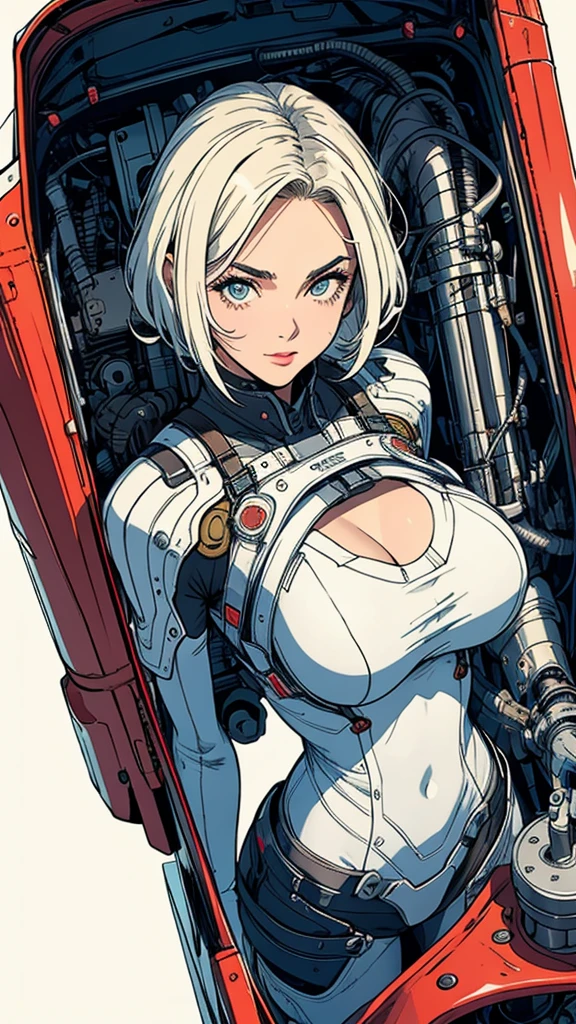 (((devilish smile))), (((camuflagesuit))), (((white hair bob haircut))), (((metallic arms))), (((muscles))), (((Colossus))), (((X-man))), (((melhor qualidade: 1.4))), (((full metal))), (((DuneWalker))), (((post-apocalypse))), (Unbeatable masterpiece), (hiper HD),(CG 8k hiper-realista), 1Garota armada em um mundo futurista usando roupas de soldado mariner. Corte de cabelo ultra moderno e molhado, perfect body with robotic parts, seios grandes, bunda perfeita, muscles without exaggeration, rosto lindo com olhos azuis penetrantes, add textures to clothes and create something different from the usual, add accessories like garter belt, espartilho e luvas com listras, pele bronzeada e com brilho de molhado, industrial environment with giant heavy machines, Intricate machinery and giant robot parts