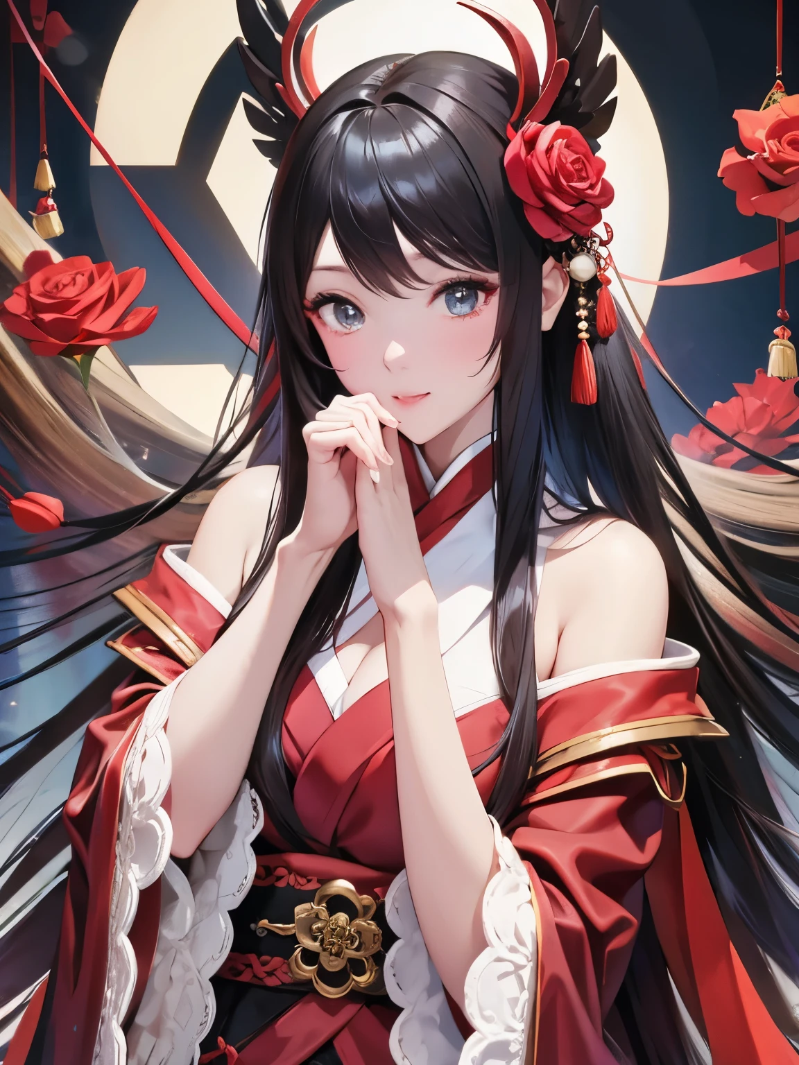  There is a Chinese girl in a red oriental costume,She has long black hair,He wears a rose on his head。 She is holding a fox mask with her right hand , covering half of her face ,The background is a mysterious darkness 。 